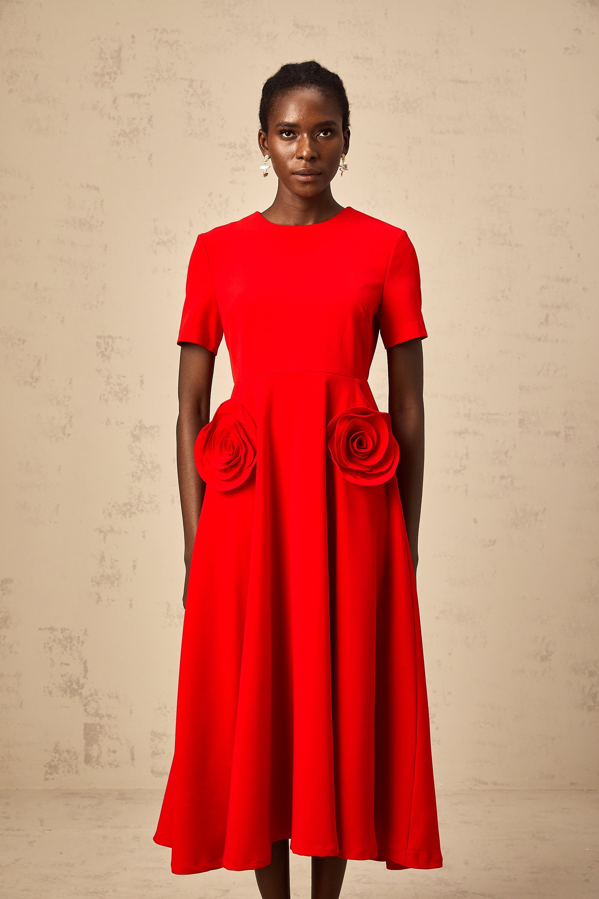 Isolde red floral-appliqué midi dress