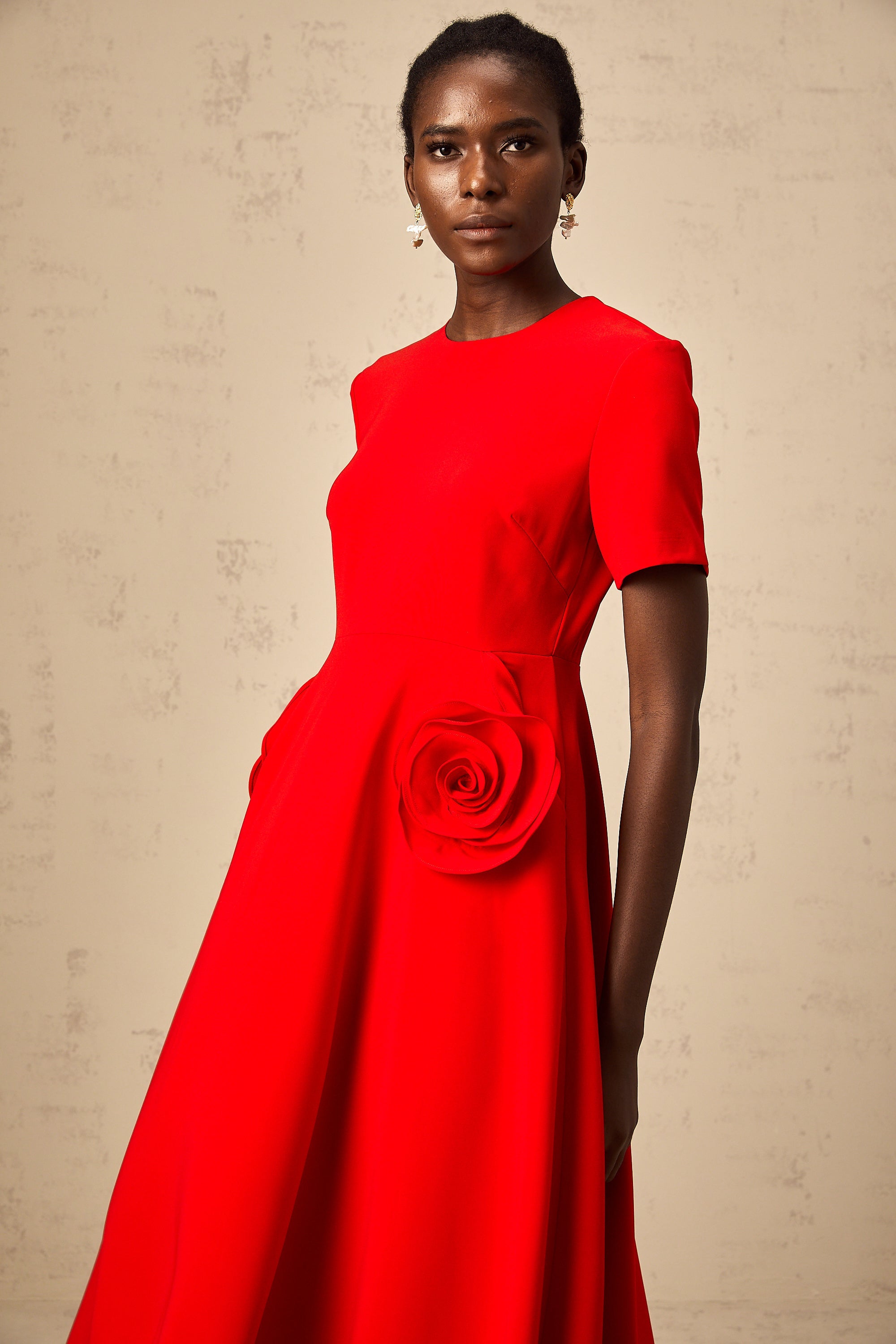 Isolde red floral-appliqué midi dress
