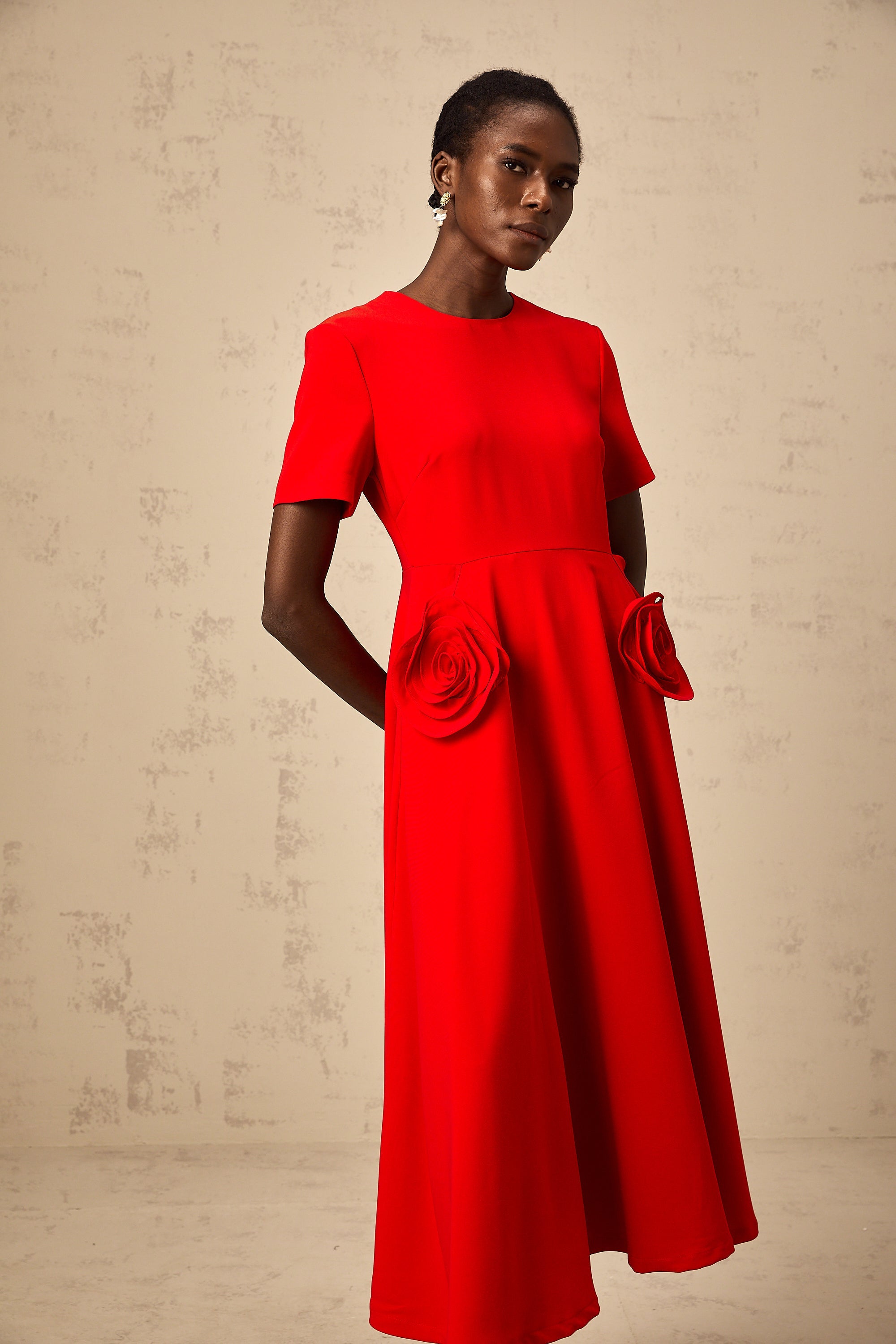 Isolde red floral-appliqué midi dress