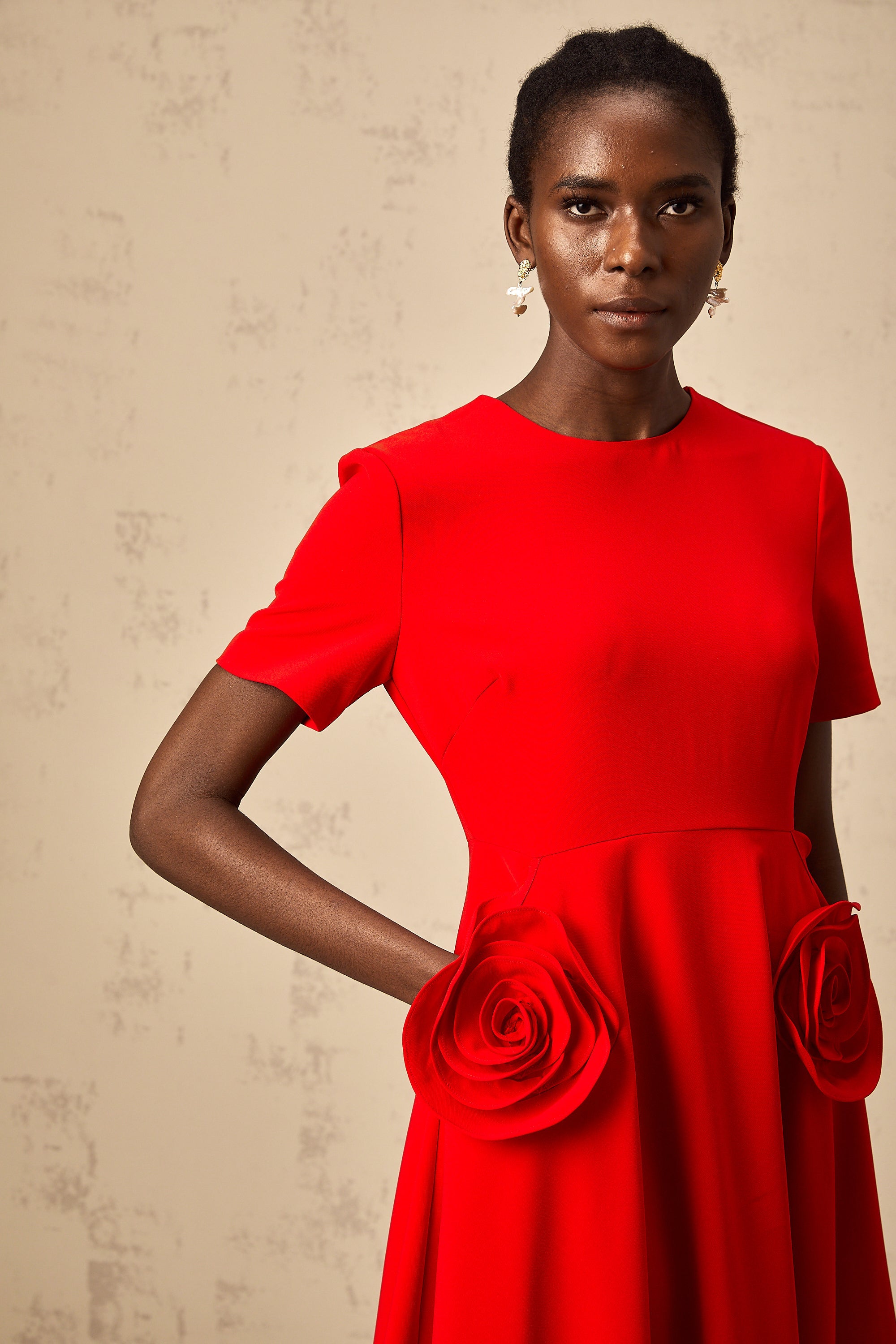 Isolde red floral-appliqué midi dress