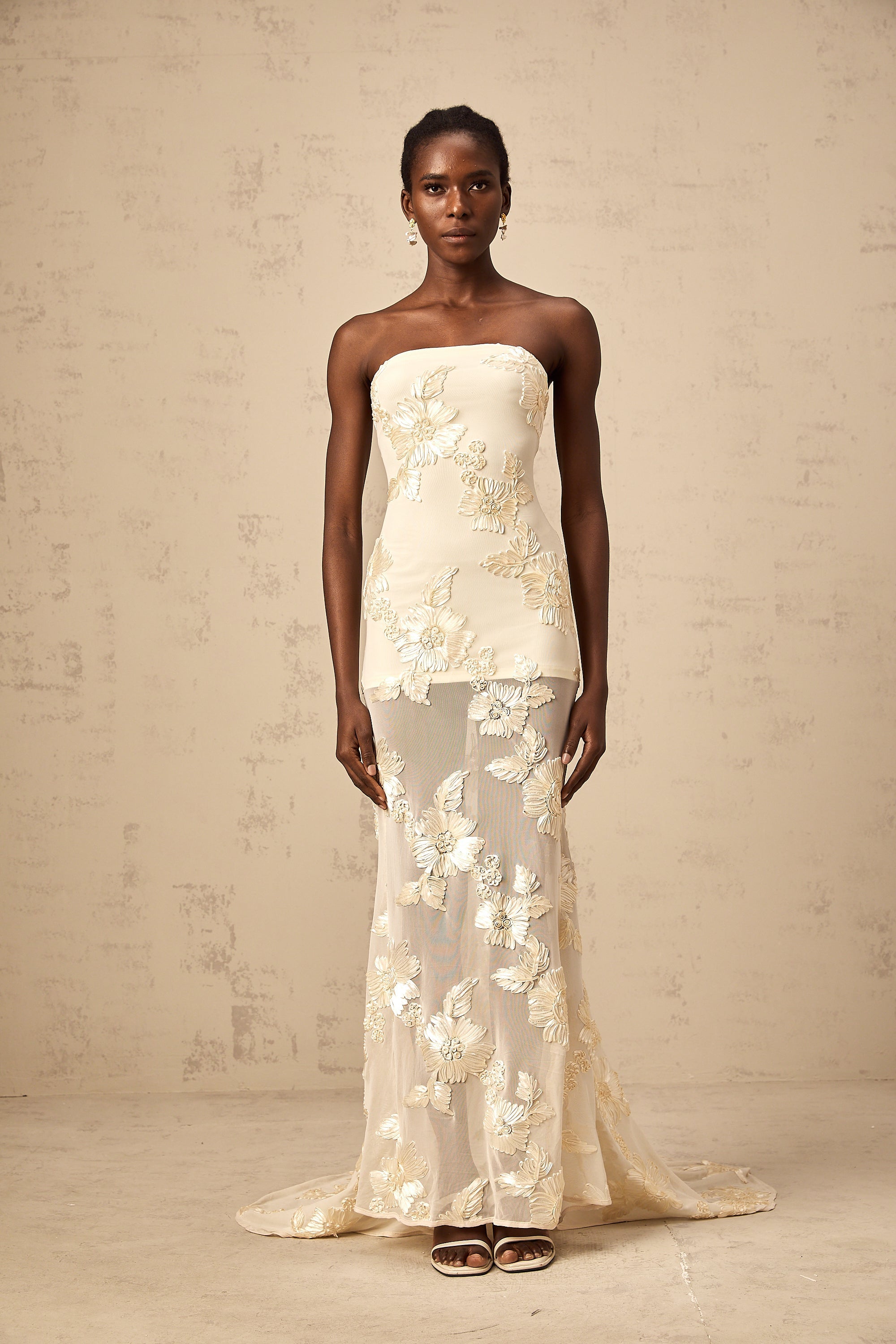 Melanie neutrals embroidered off-shoulder maxi dress (Final Sale-US Only)