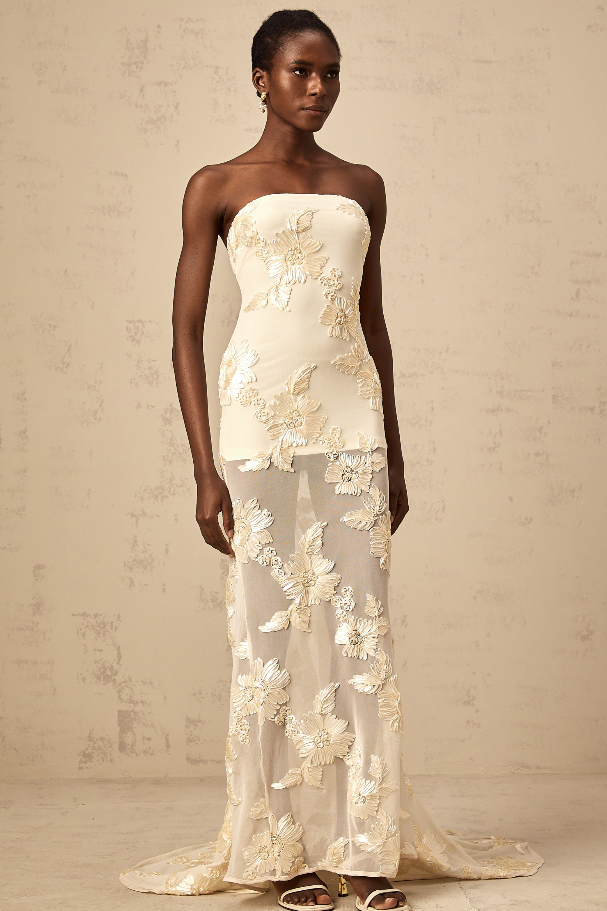 Melanie neutrals embroidered off-shoulder maxi dress (Final Sale-US Only)