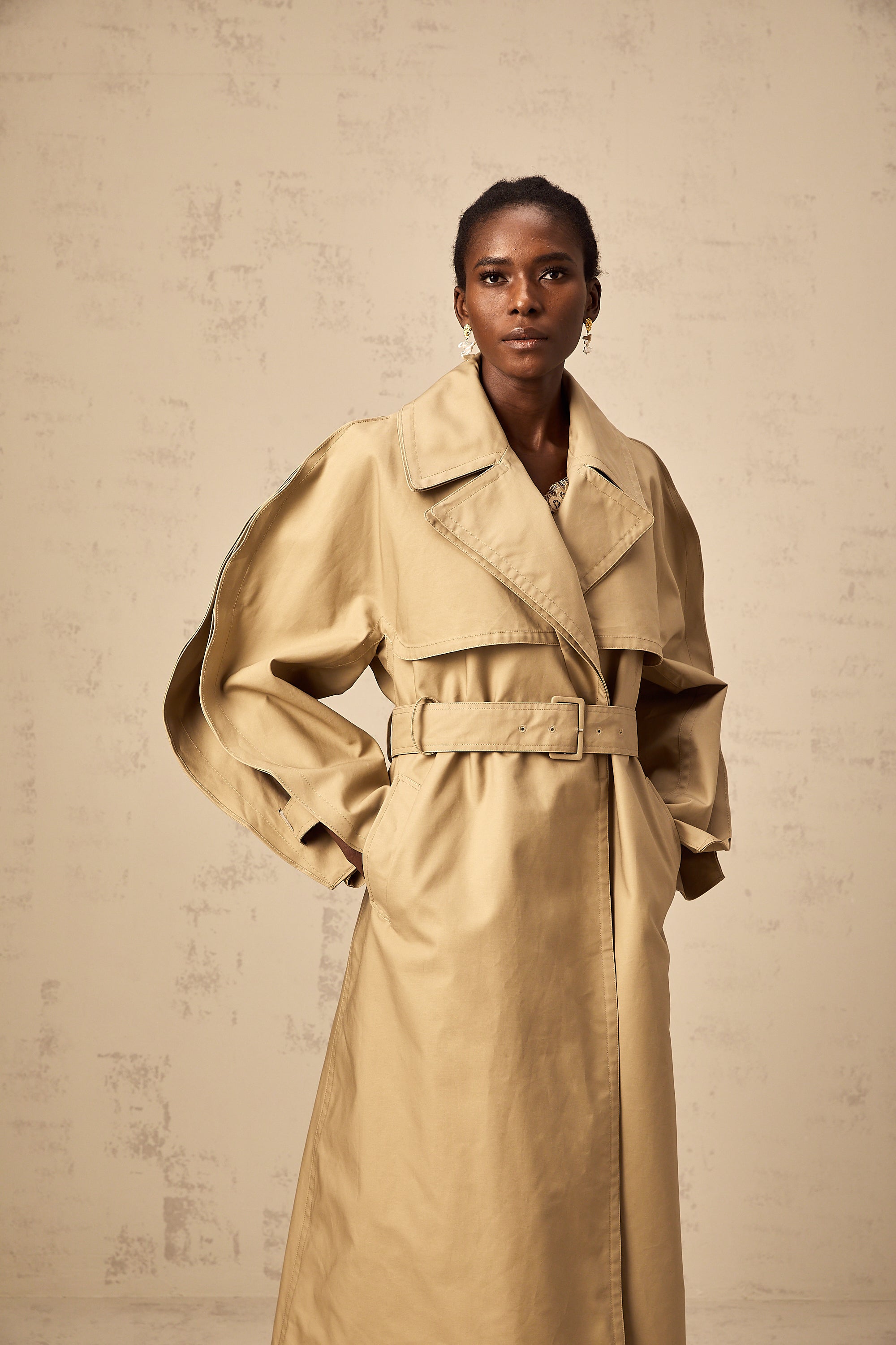 Jaden khaki curved-sleeve trench coat