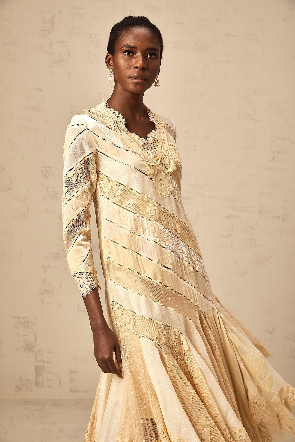 Ingrid beige diagonal-stripe panelled midi dress