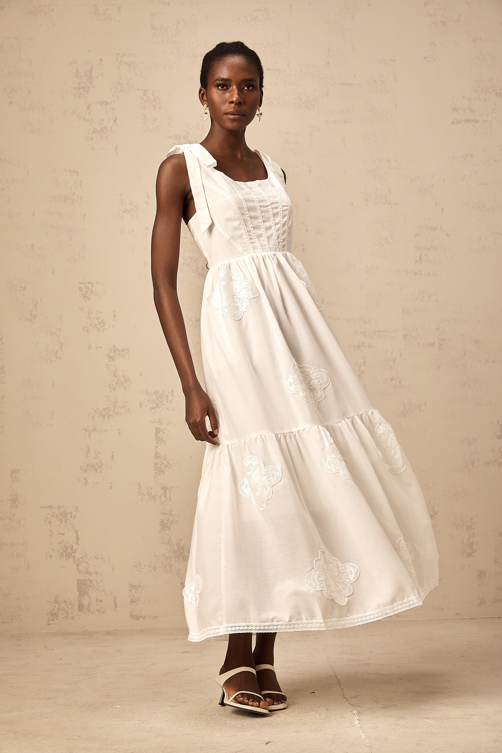 Gaëlle white floral-embroidered tiered midi dress (US Only)