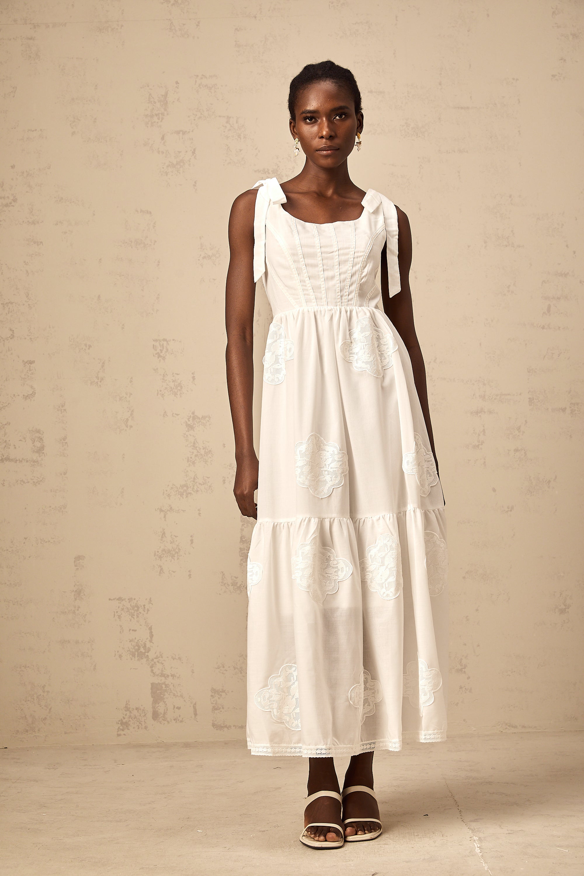 Gaëlle white floral-embroidered tiered midi dress (US Only)