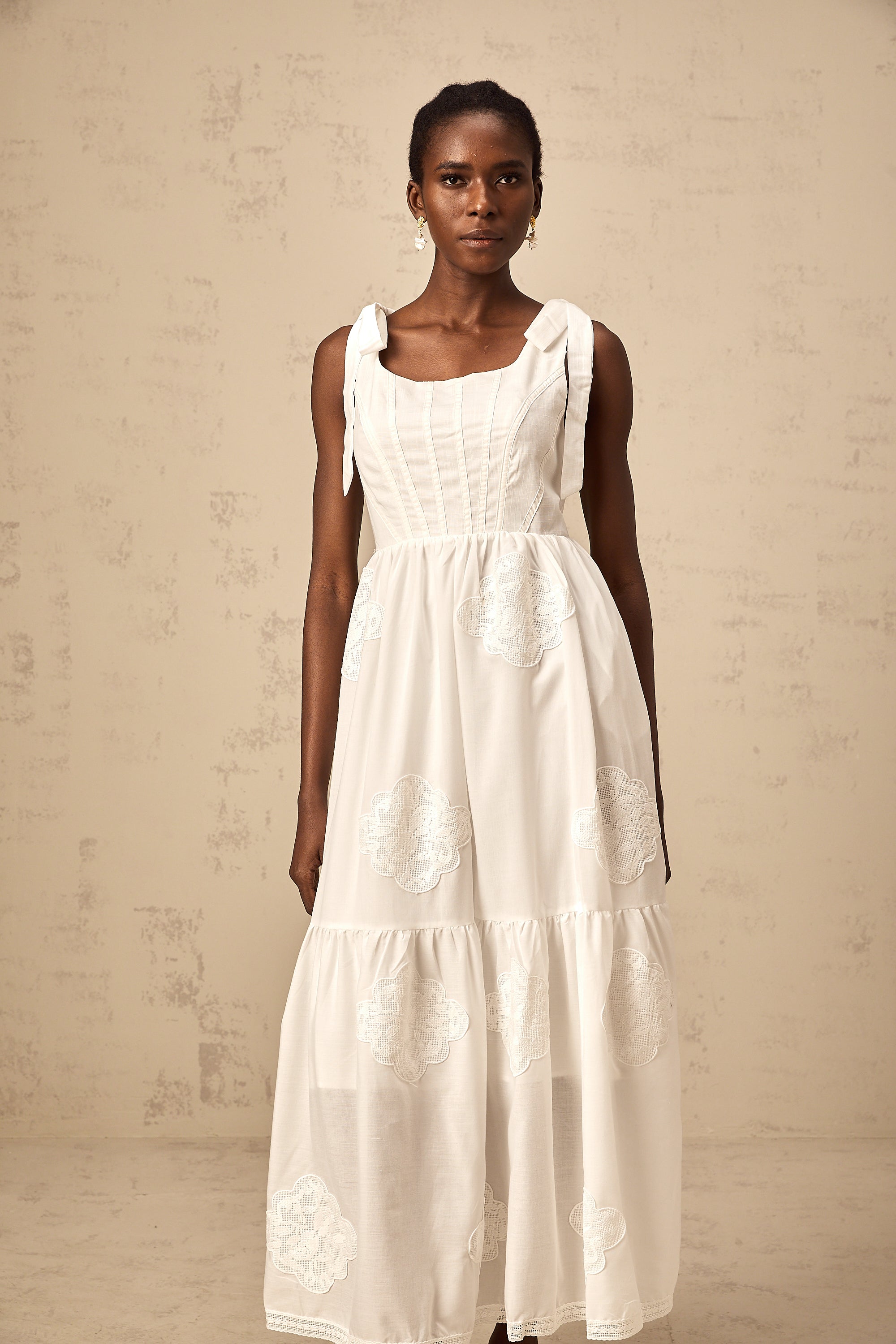 Gaëlle white floral-embroidered tiered midi dress (US Only)