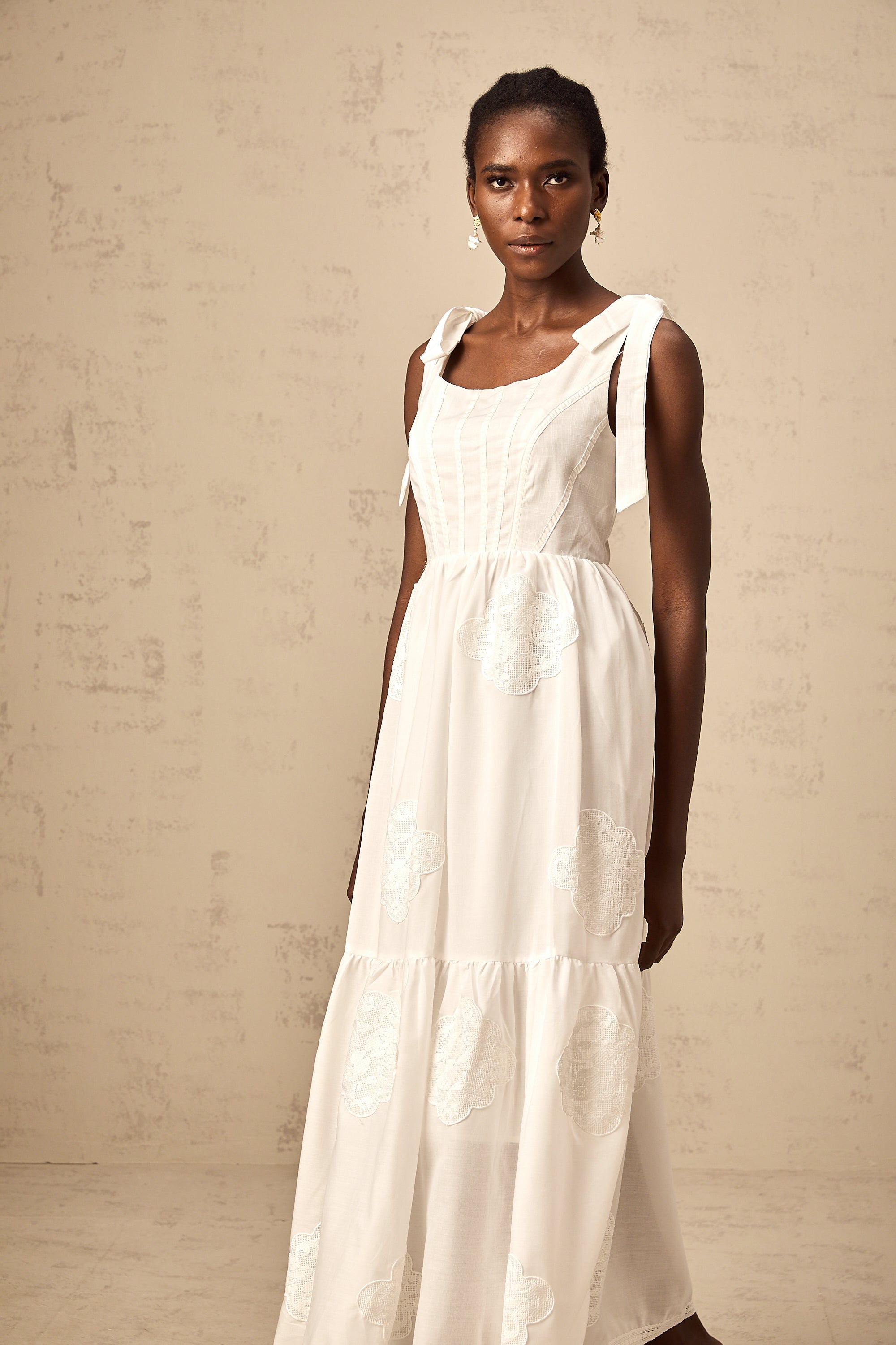 Gaëlle white floral-embroidered tiered midi dress (US Only)