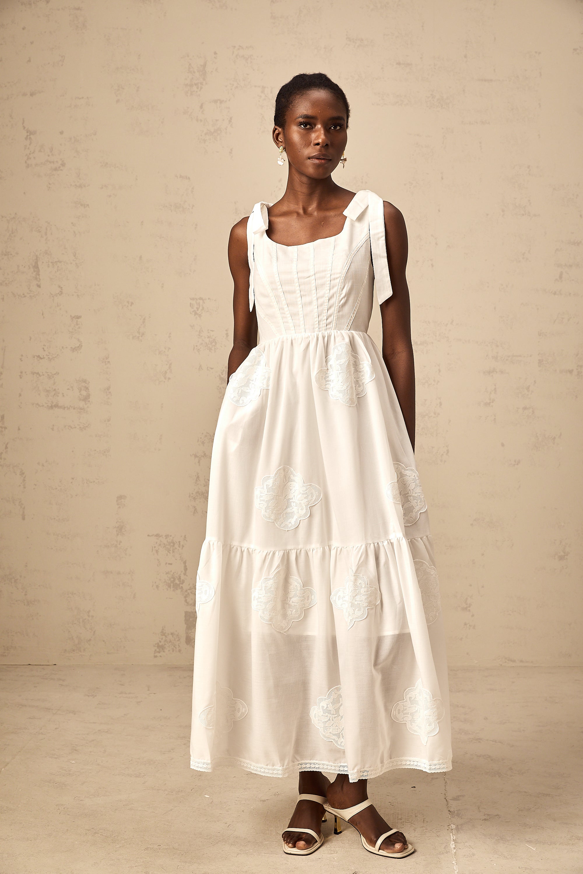 Gaëlle white floral-embroidered tiered midi dress (US Only)