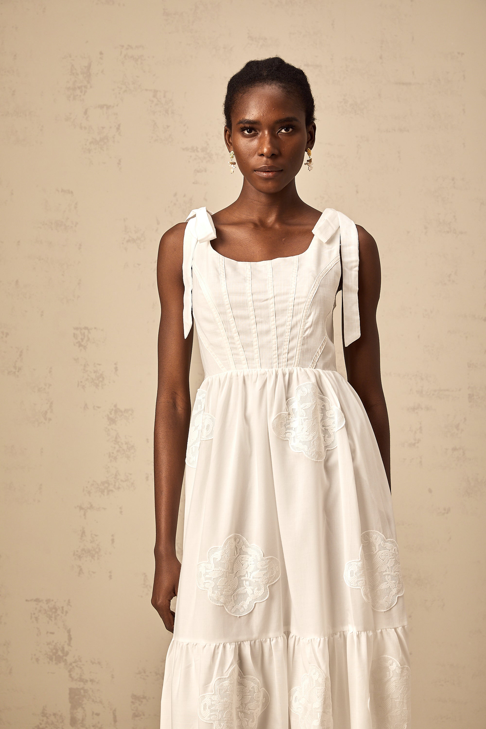 Gaëlle white floral-embroidered tiered midi dress (US Only)