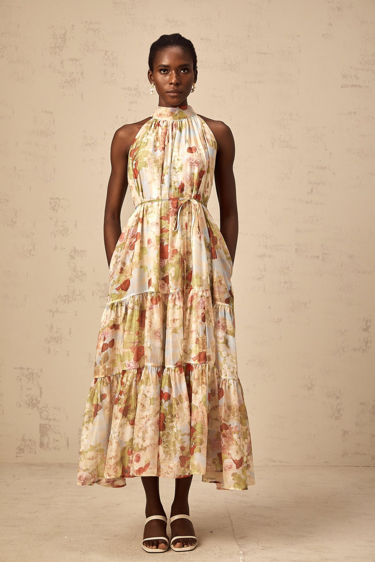 Ulani floral-print sleeveless midi dress in Neutrals
