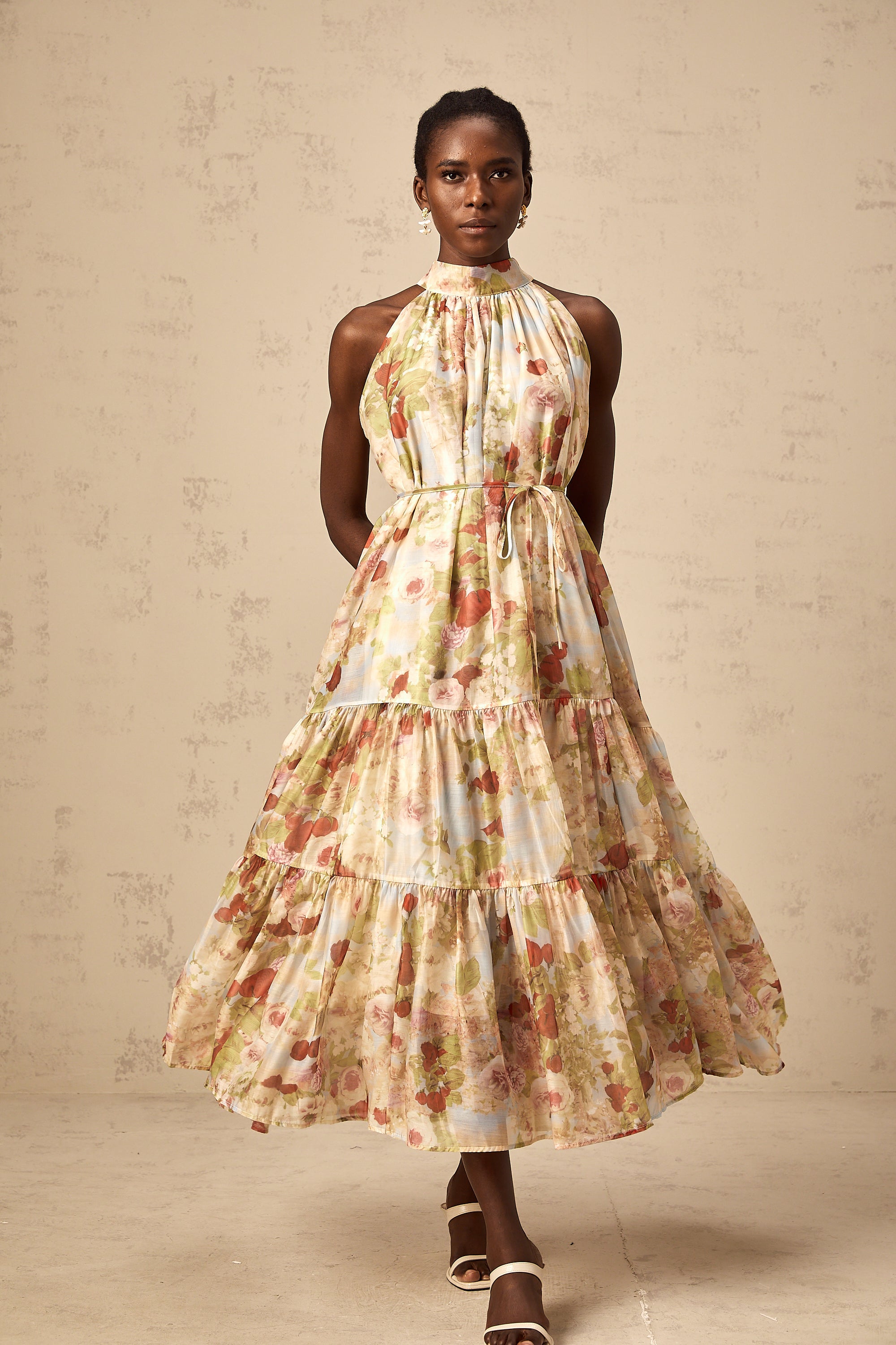 Ulani floral-print sleeveless midi dress in Neutrals