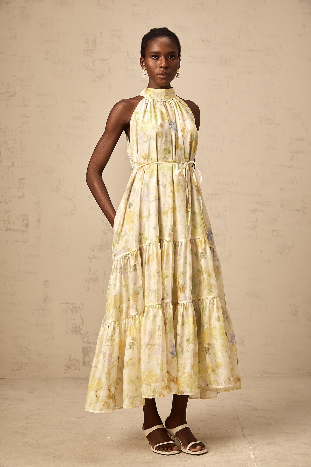 Ulani floral-print sleeveless midi dress in Yellow