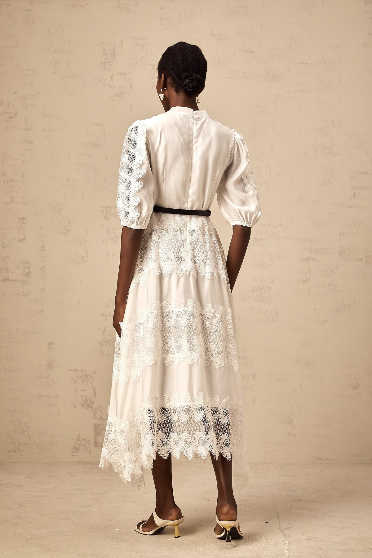 Tamara white belted lace-trim panelled midi dress