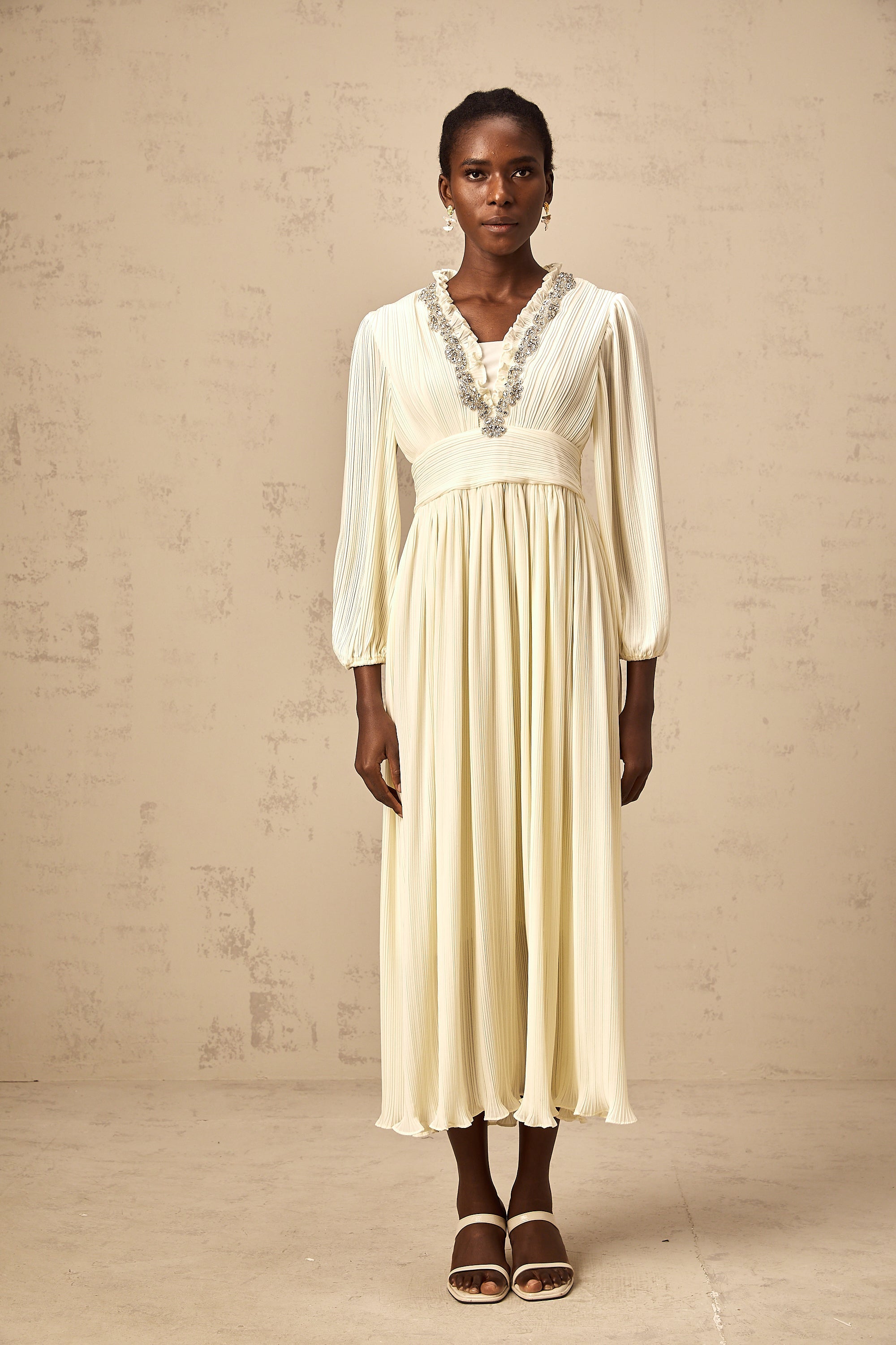 Yana white crystal-trim pleated midi dress (Final Sale-US Only)