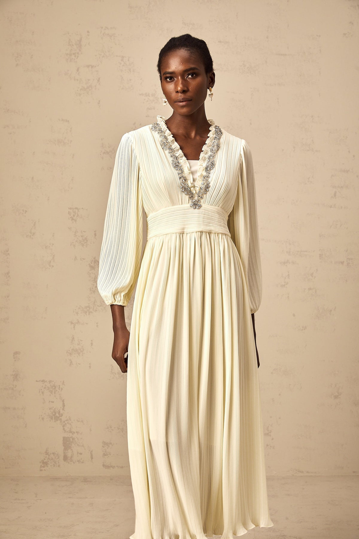 Yana white crystal-trim pleated midi dress (Final Sale-US Only)