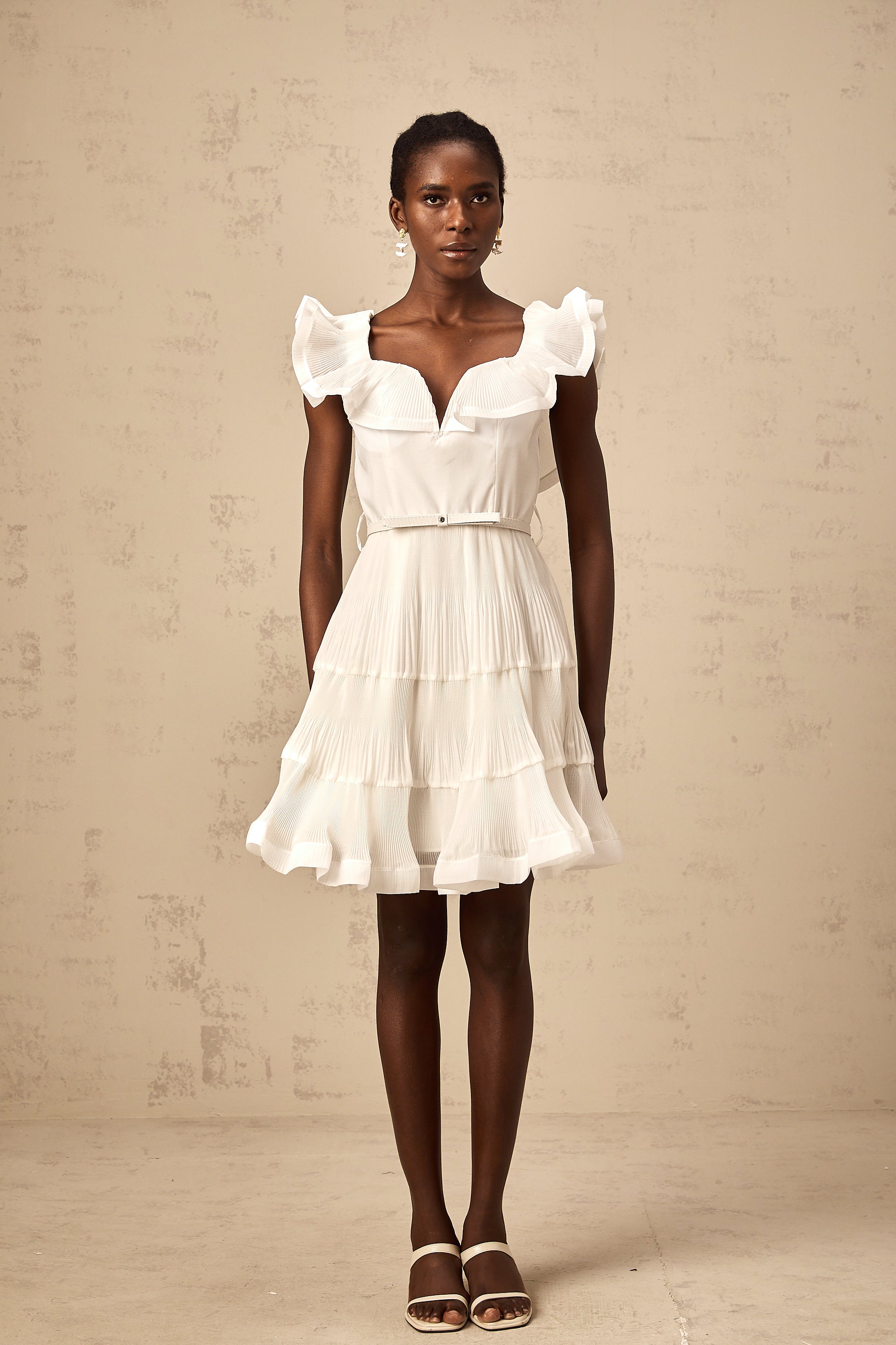 Éliane white frilled neckline pleated mini dress (Final Sale-US Only)