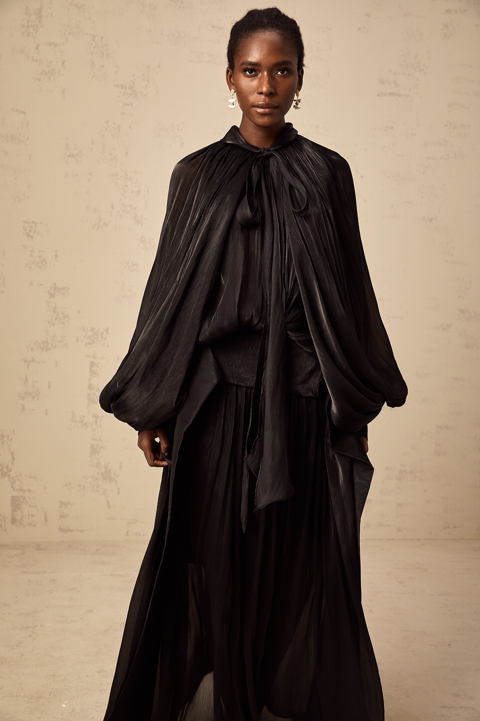 Mila pleated satin maxi dress in Black