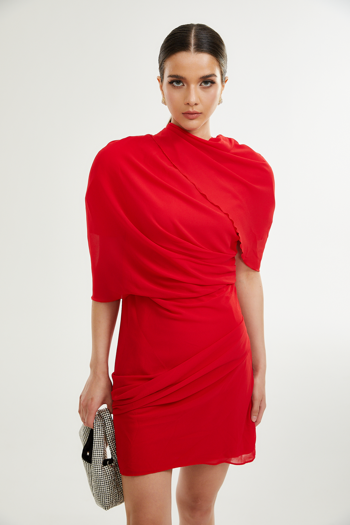 Clarabelle red draped mini dress