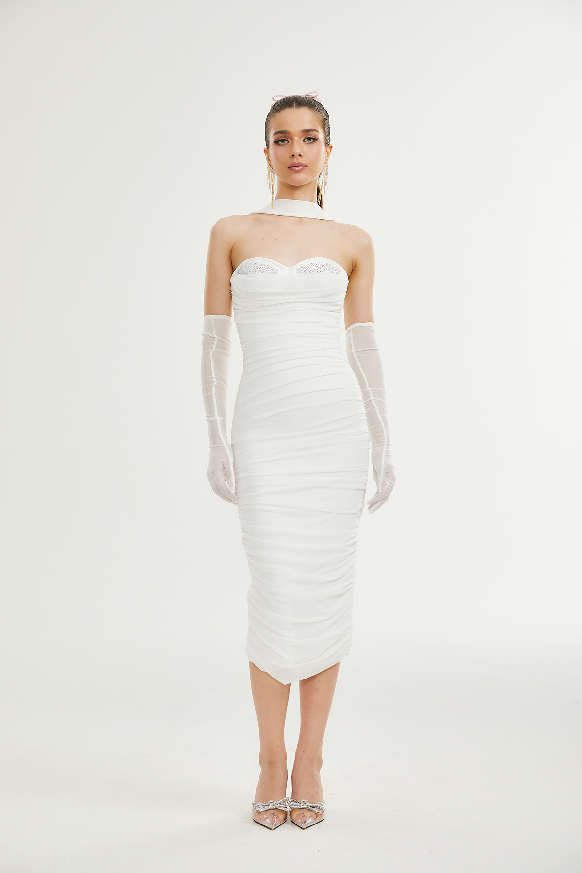 Pádraigín white mesh gathered midi dress