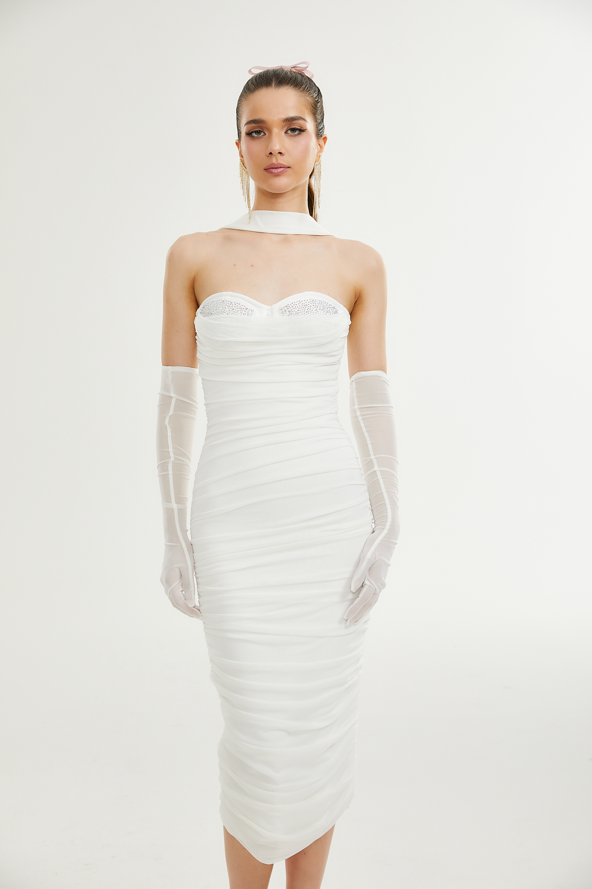 Pádraigín white mesh gathered midi dress