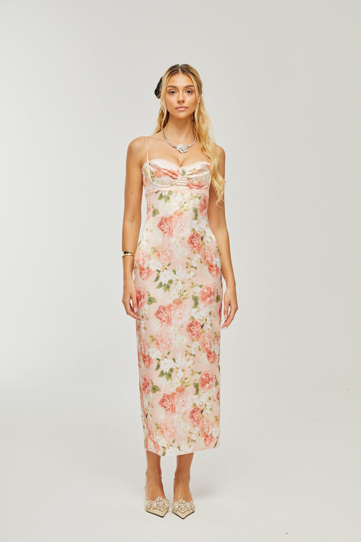 Yvette pink floral-print satin maxi dress