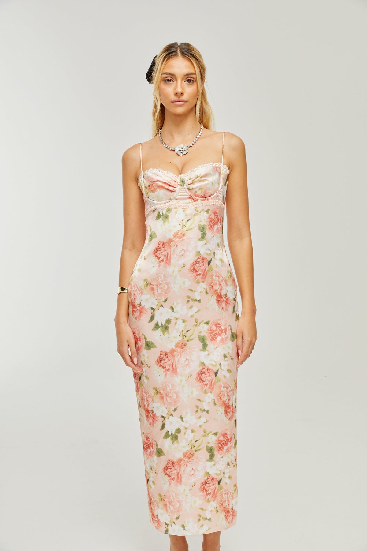 Yvette pink floral-print satin maxi dress
