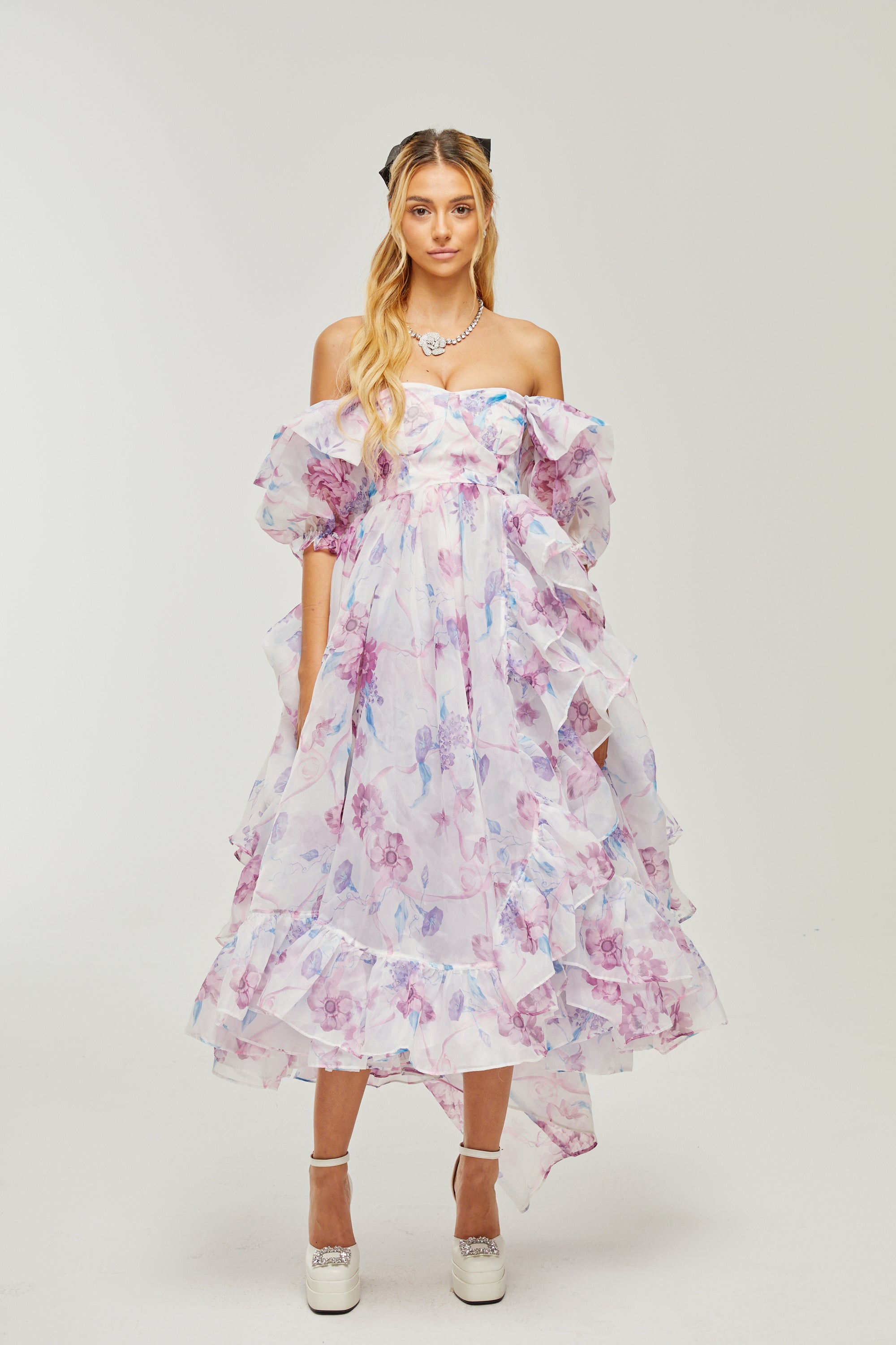 Béatrice puff-sleeves pleated midi dress (US Only)