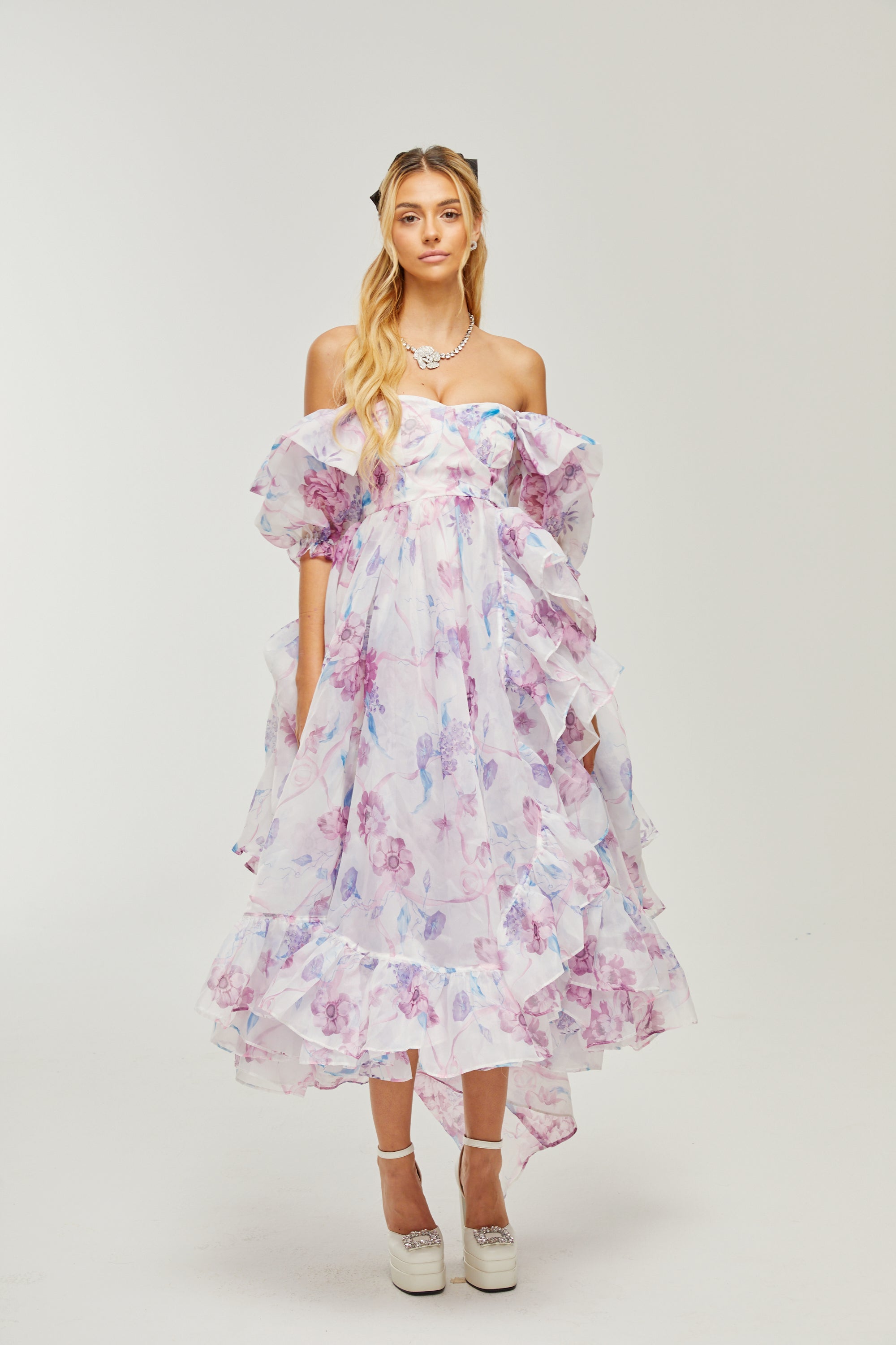 Béatrice puff-sleeves pleated midi dress (US Only)