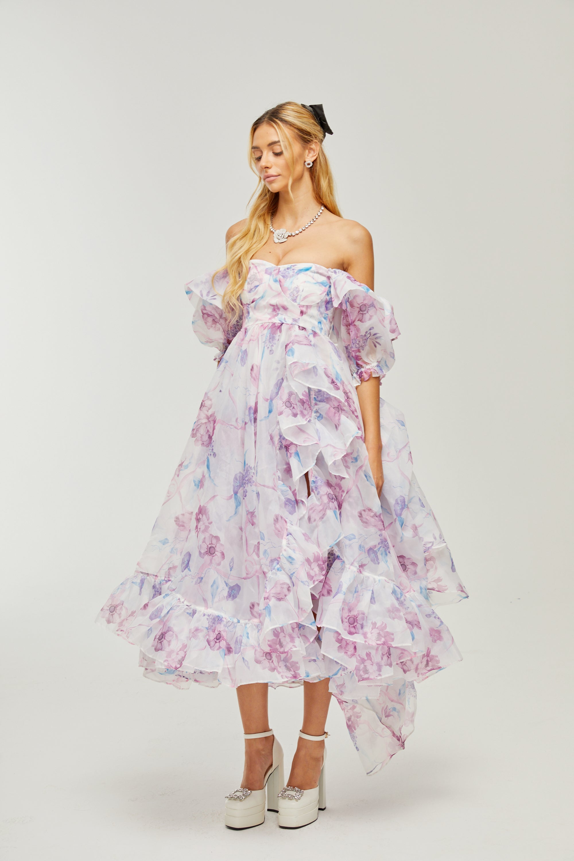 Béatrice puff-sleeves pleated midi dress (US Only)