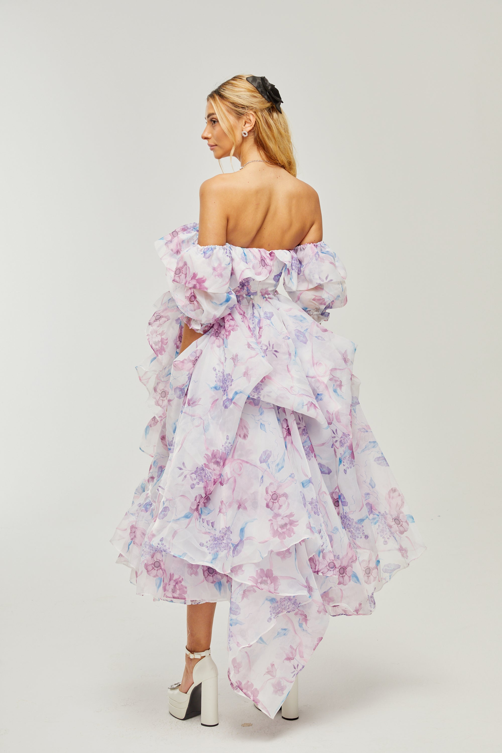 Béatrice puff-sleeves pleated midi dress (US Only)