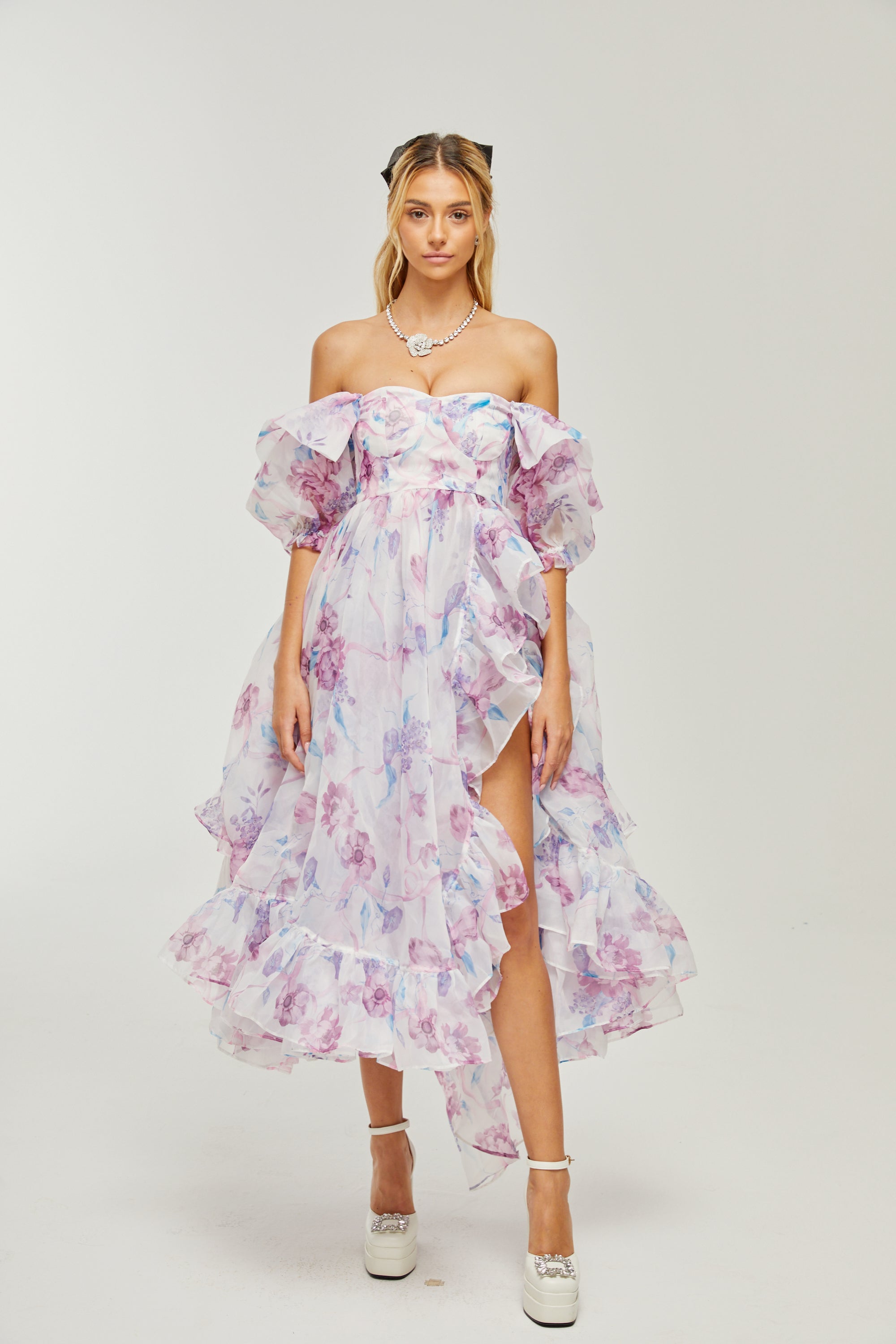 Béatrice puff-sleeves pleated midi dress (US Only)
