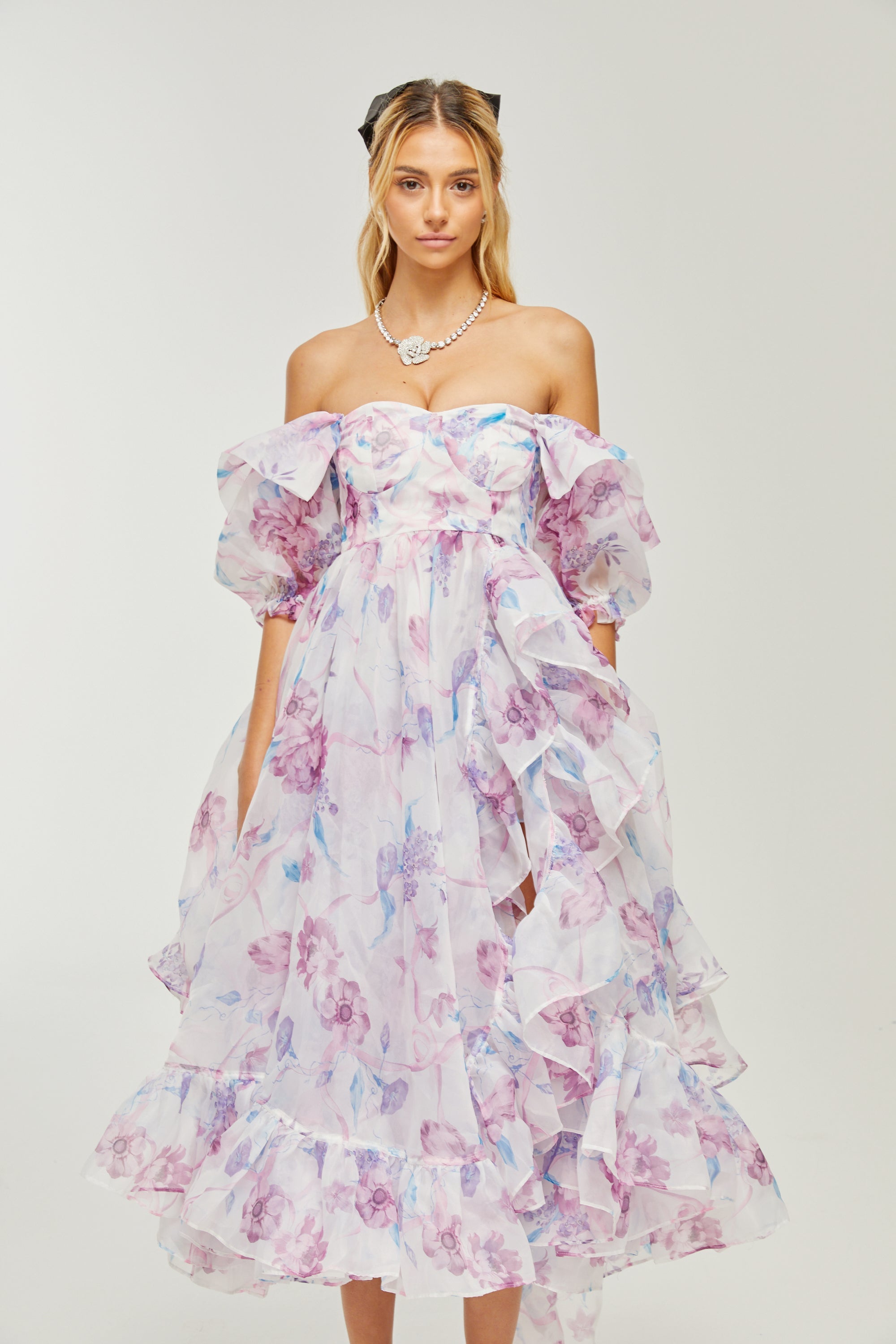 Béatrice puff-sleeves pleated midi dress (US Only)