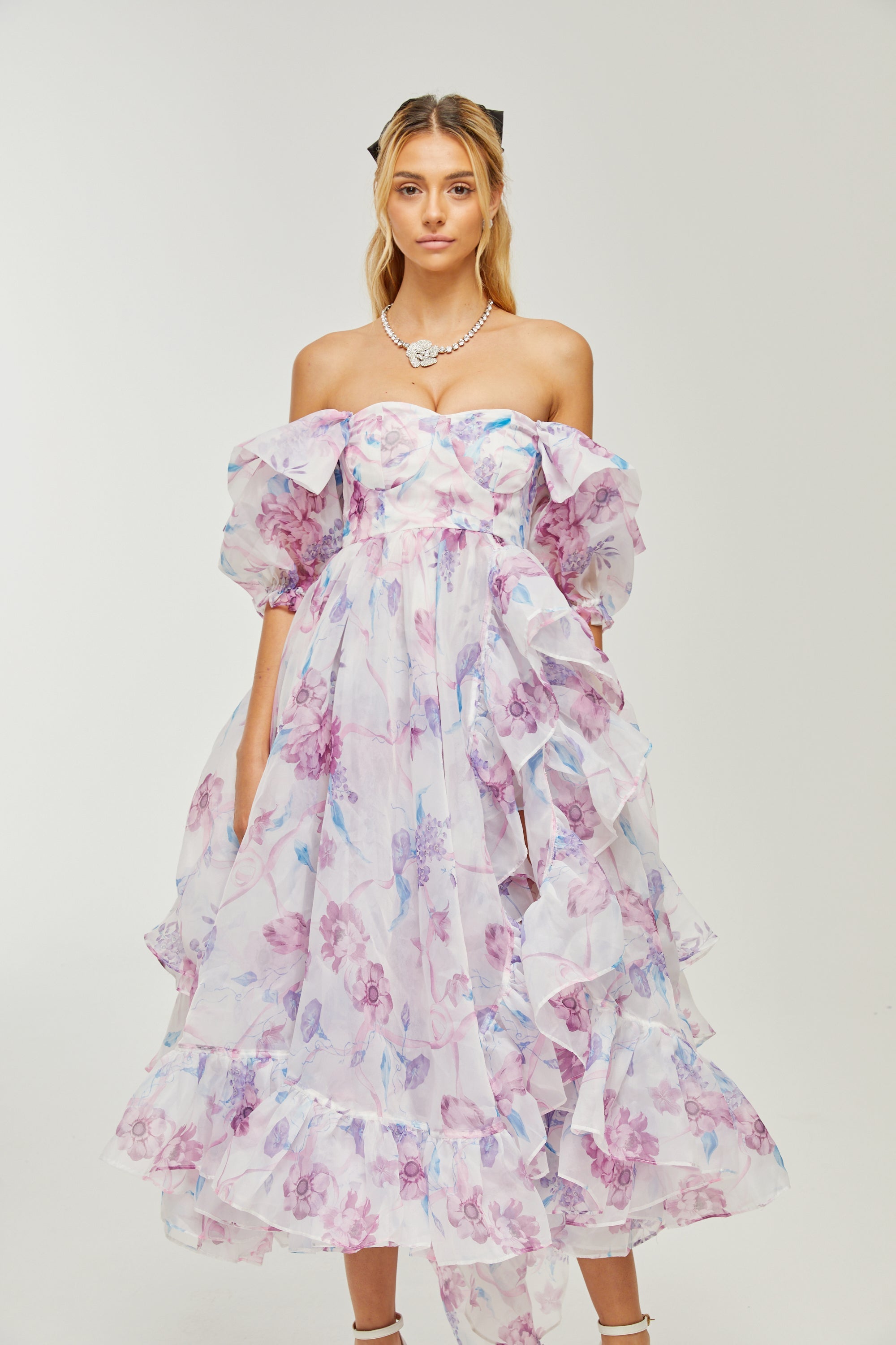 Béatrice puff-sleeves pleated midi dress (US Only)