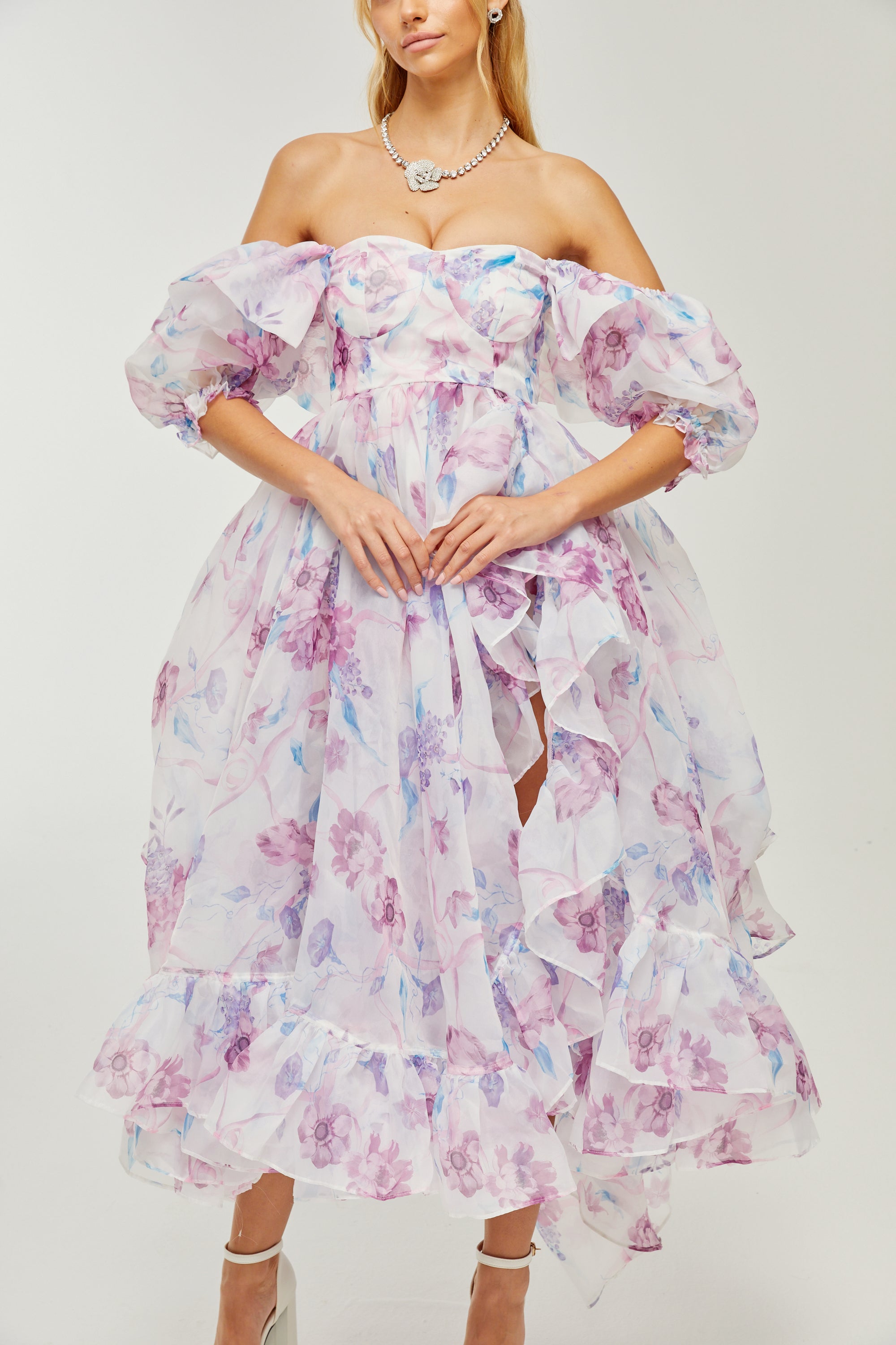 Béatrice puff-sleeves pleated midi dress (US Only)