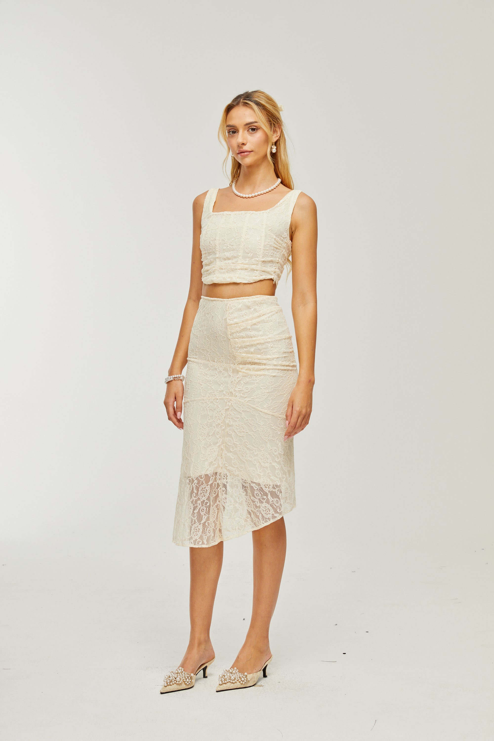 Élodie lace-overlay top & skirt matching set (US Only)
