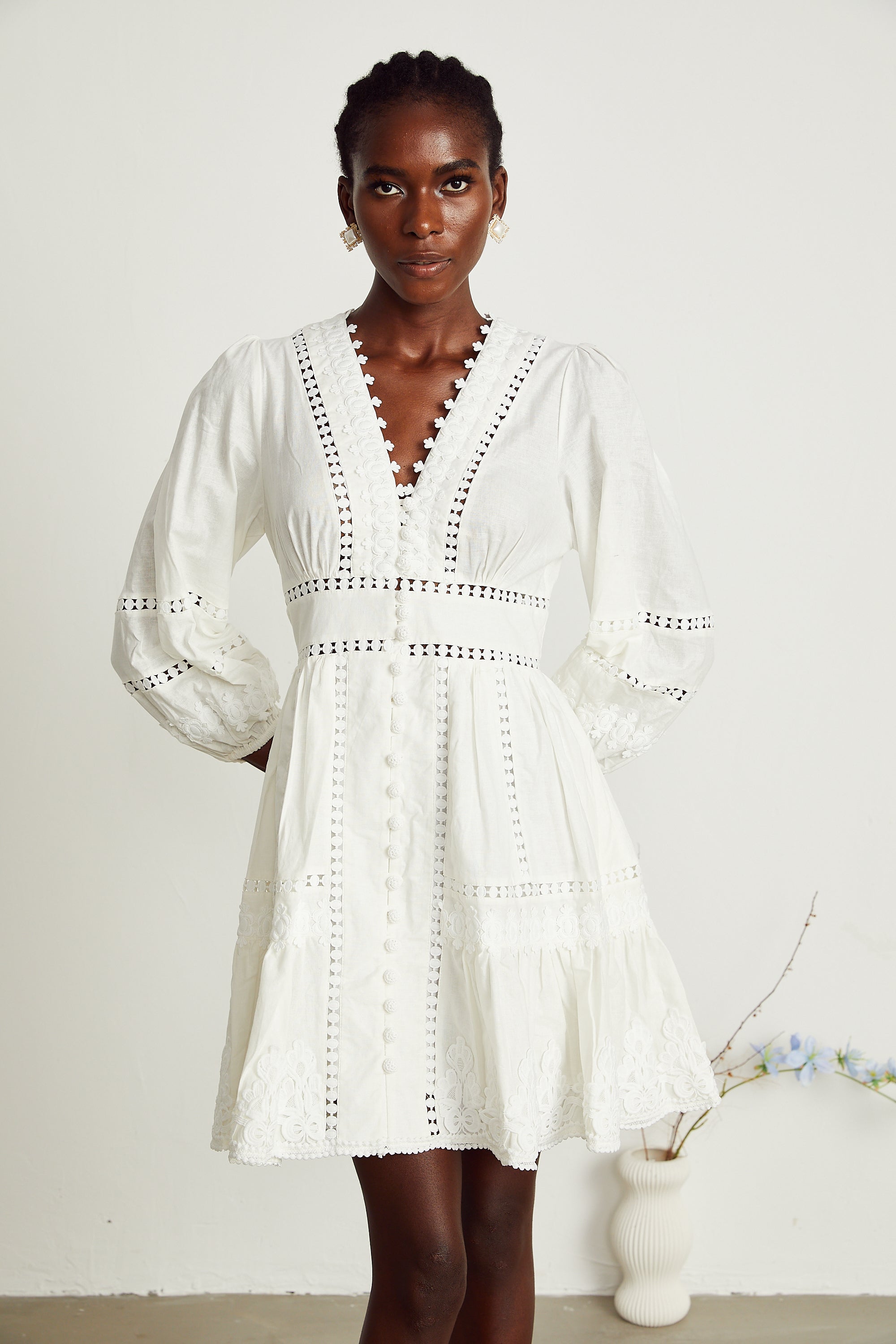 Sadie white guipure lace-trimmed mini dress (US Only)