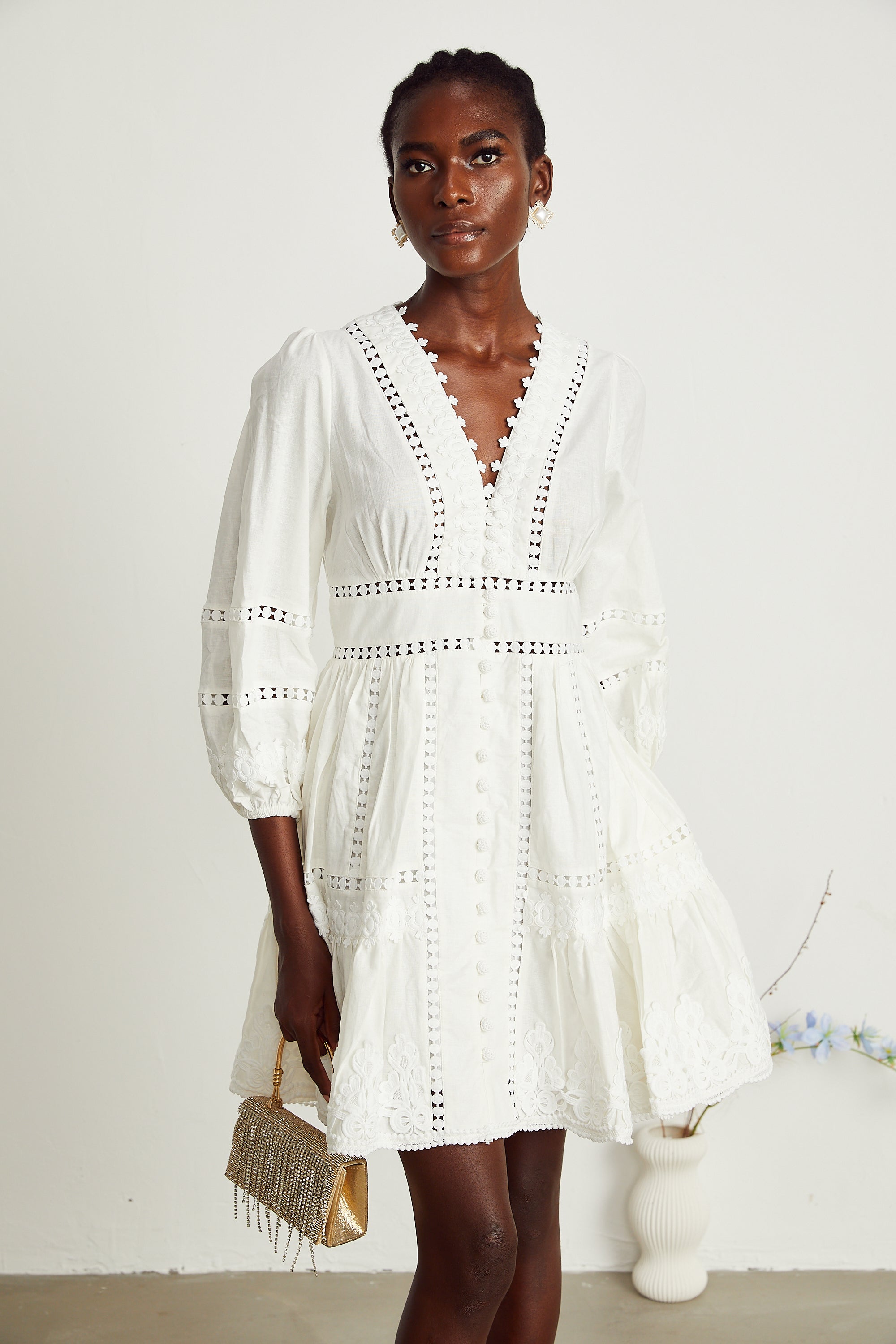 Sadie white guipure lace-trimmed mini dress (US Only)