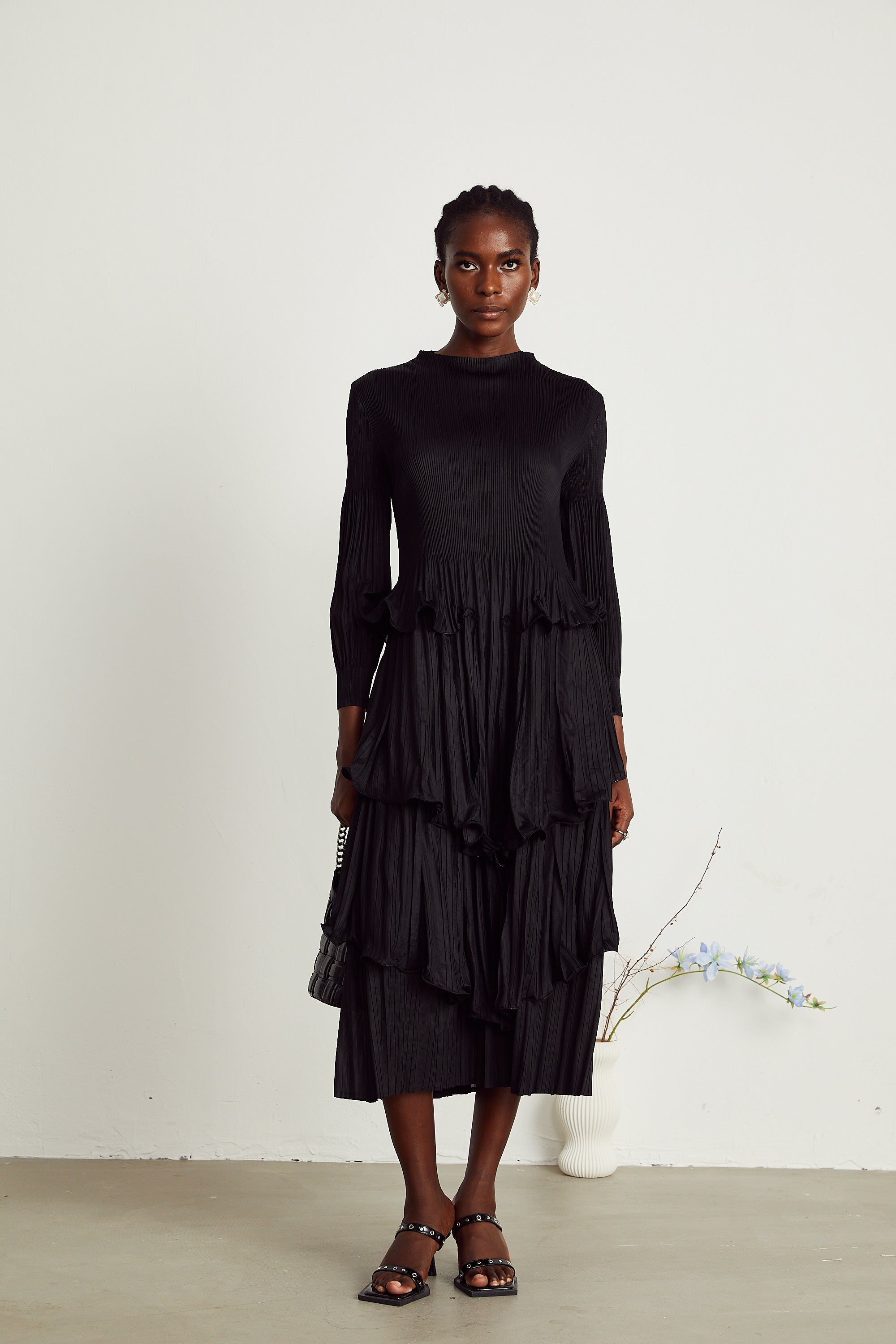 Brianna black tiered pleated midi dress (Final Sale-US Only)
