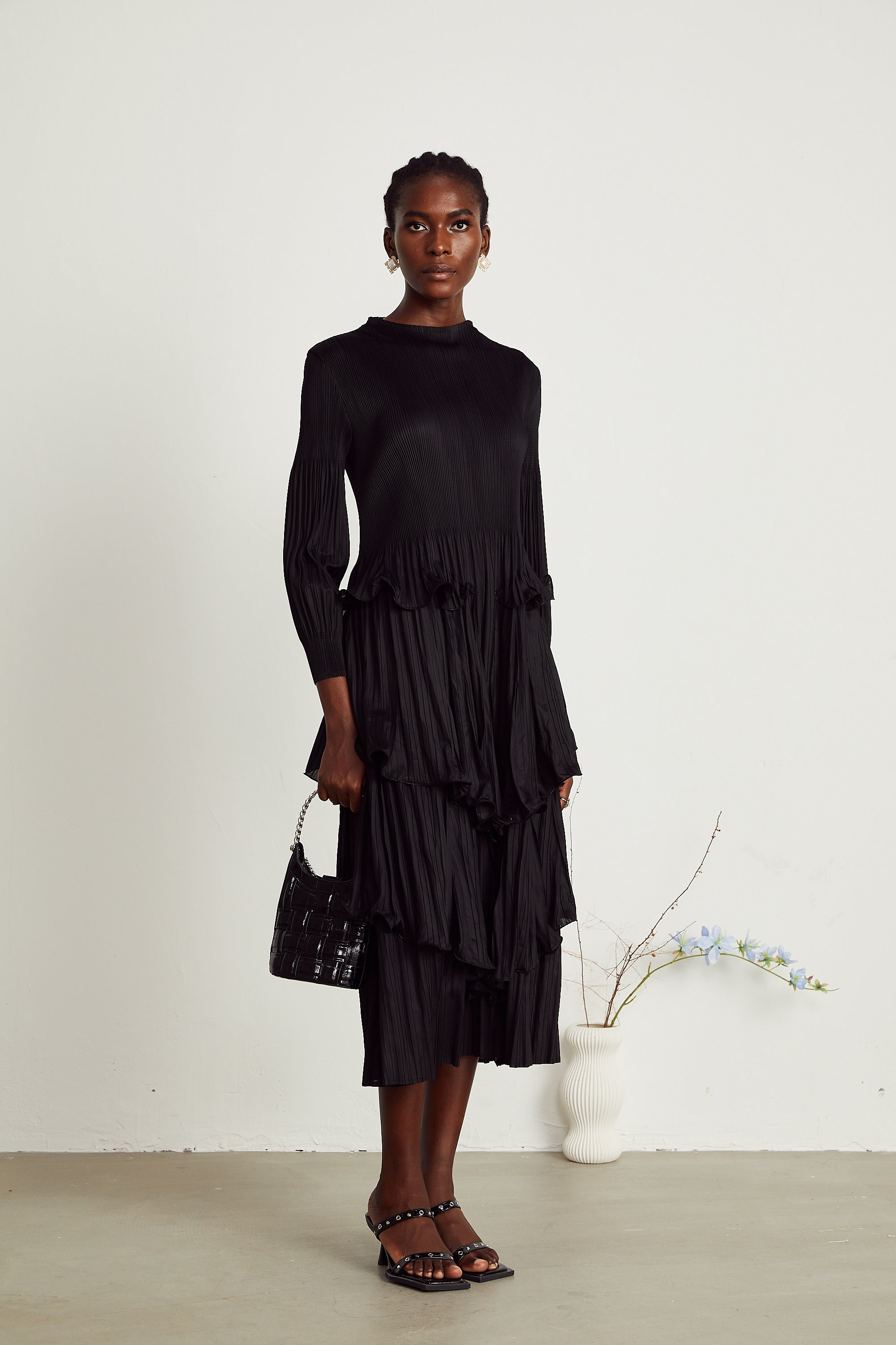 Brianna black tiered pleated midi dress (Final Sale-US Only)