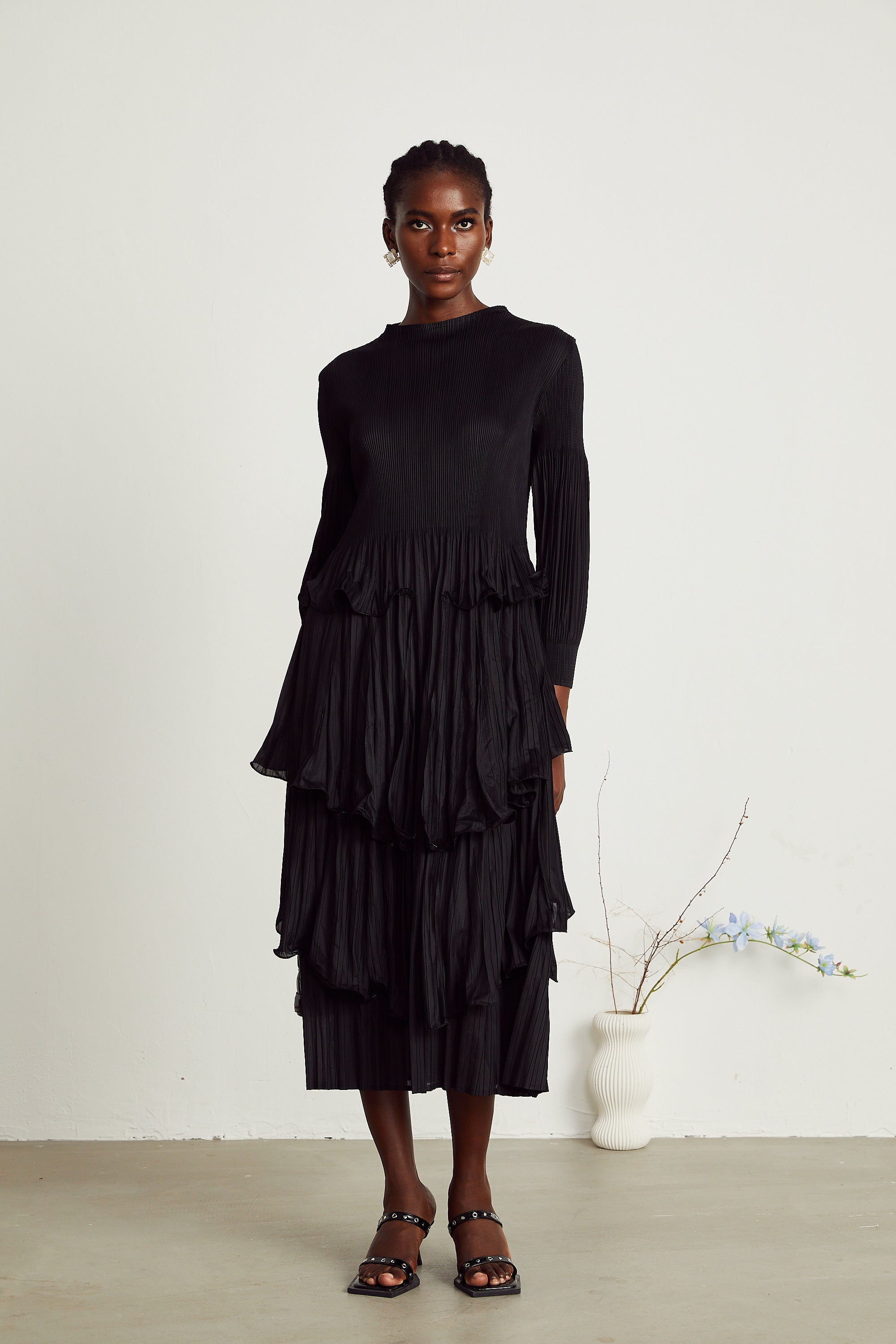 Brianna black tiered pleated midi dress (Final Sale-US Only)