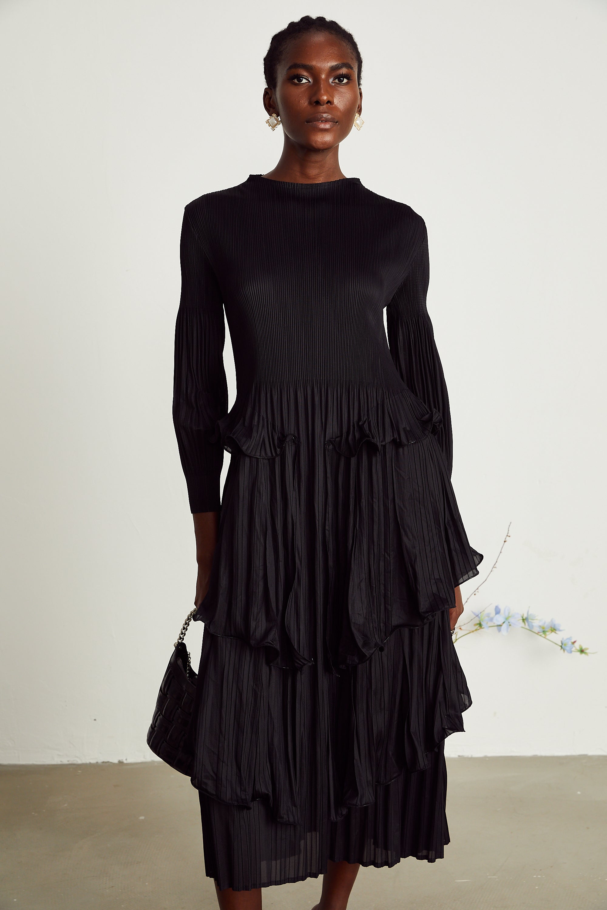Brianna black tiered pleated midi dress (Final Sale-US Only)