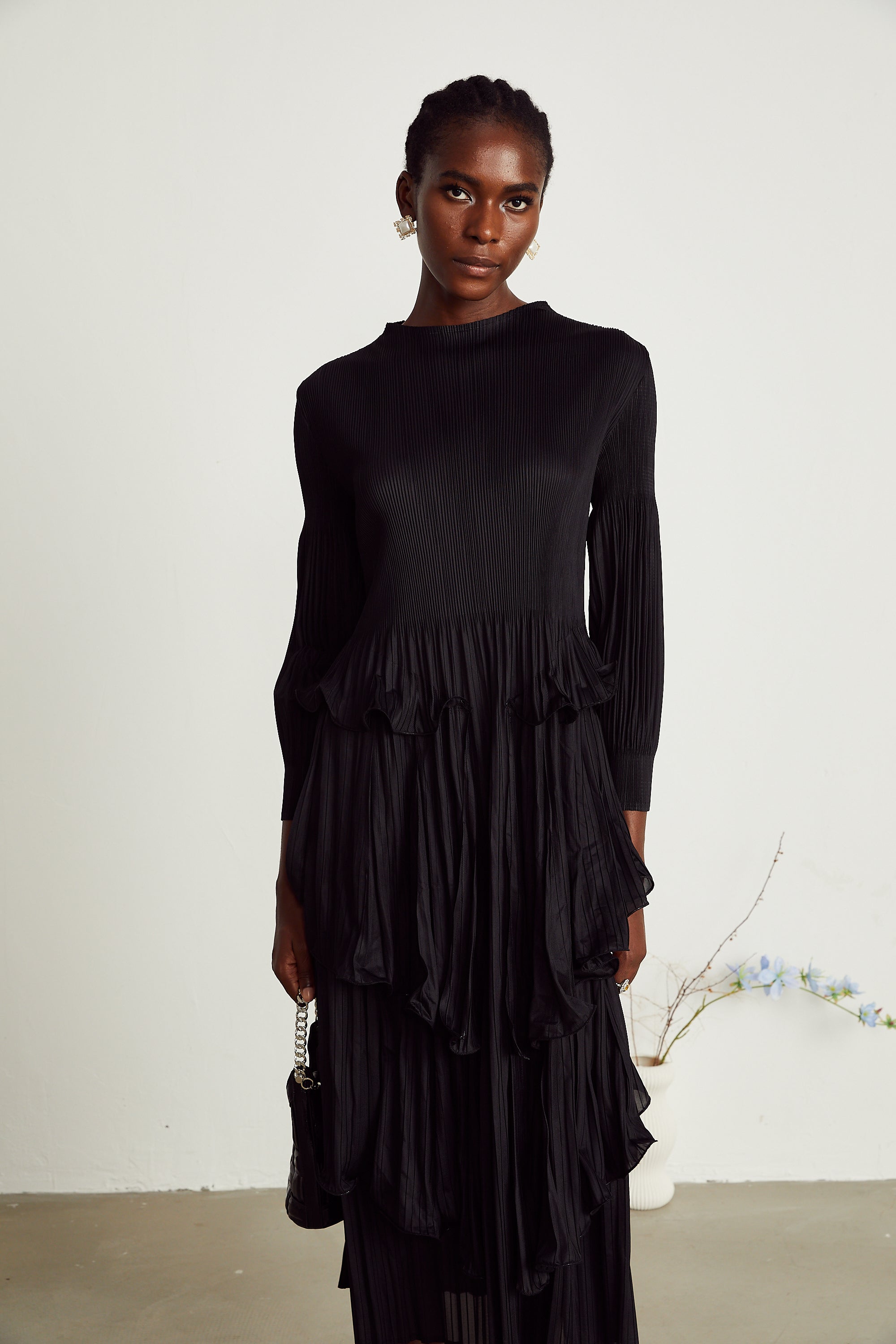 Brianna black tiered pleated midi dress (Final Sale-US Only)