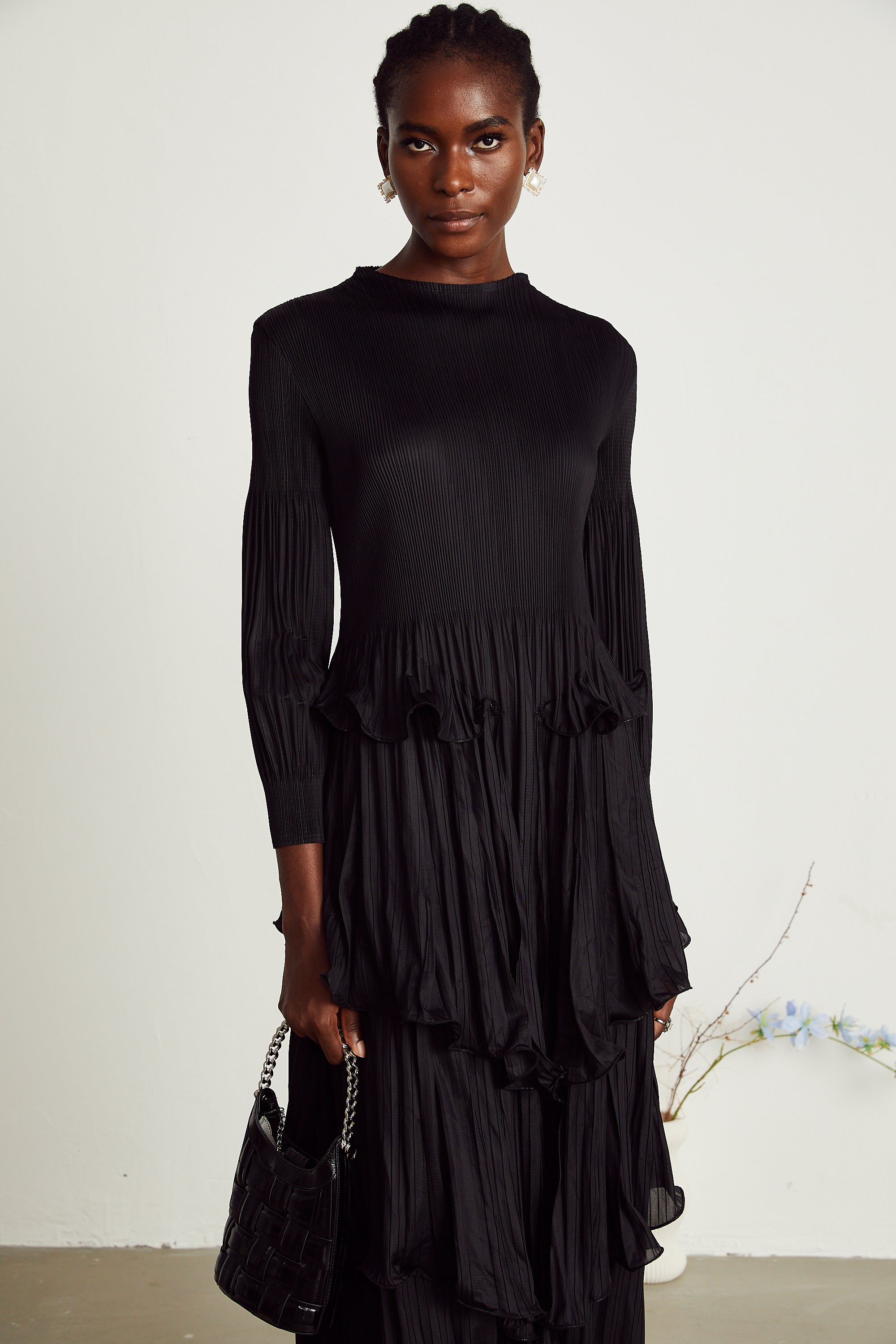 Brianna black tiered pleated midi dress (Final Sale-US Only)