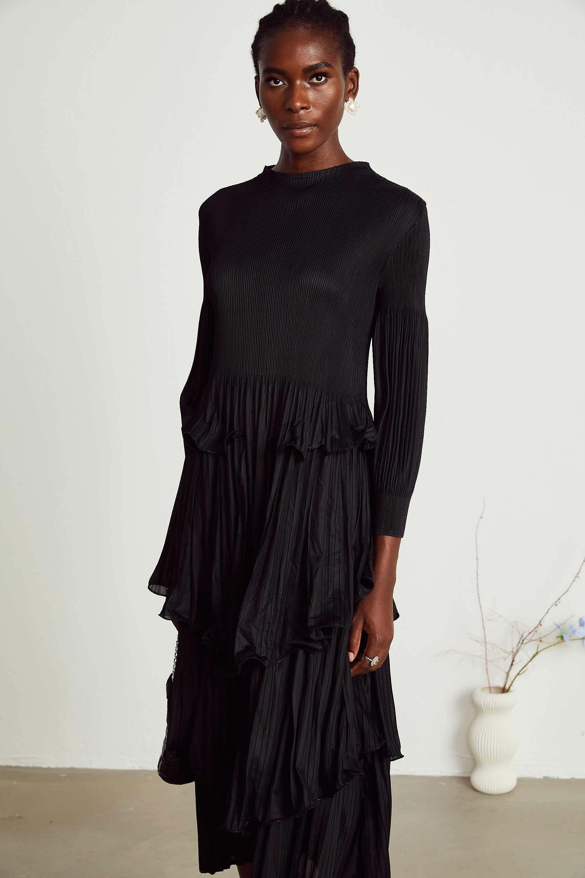 Brianna black tiered pleated midi dress (Final Sale-US Only)
