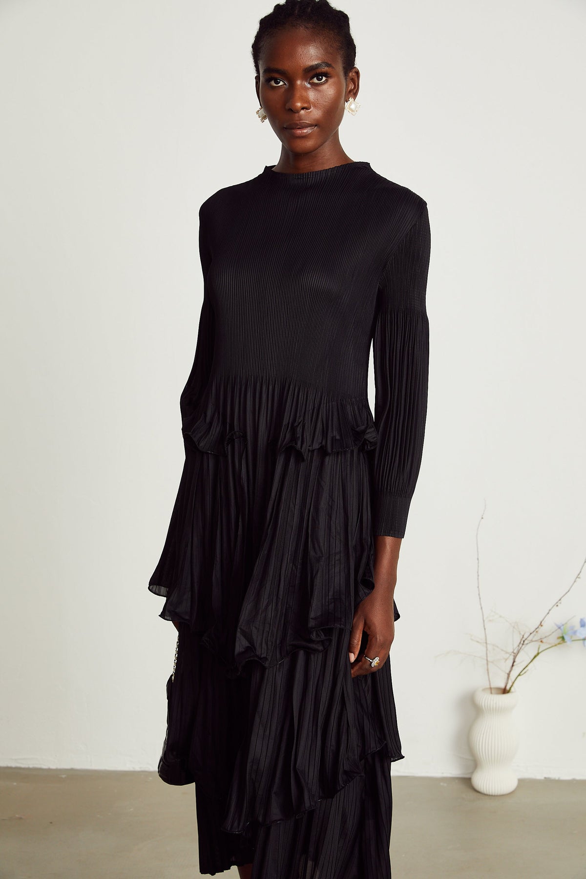 Brianna black tiered pleated midi dress (Final Sale-US Only)