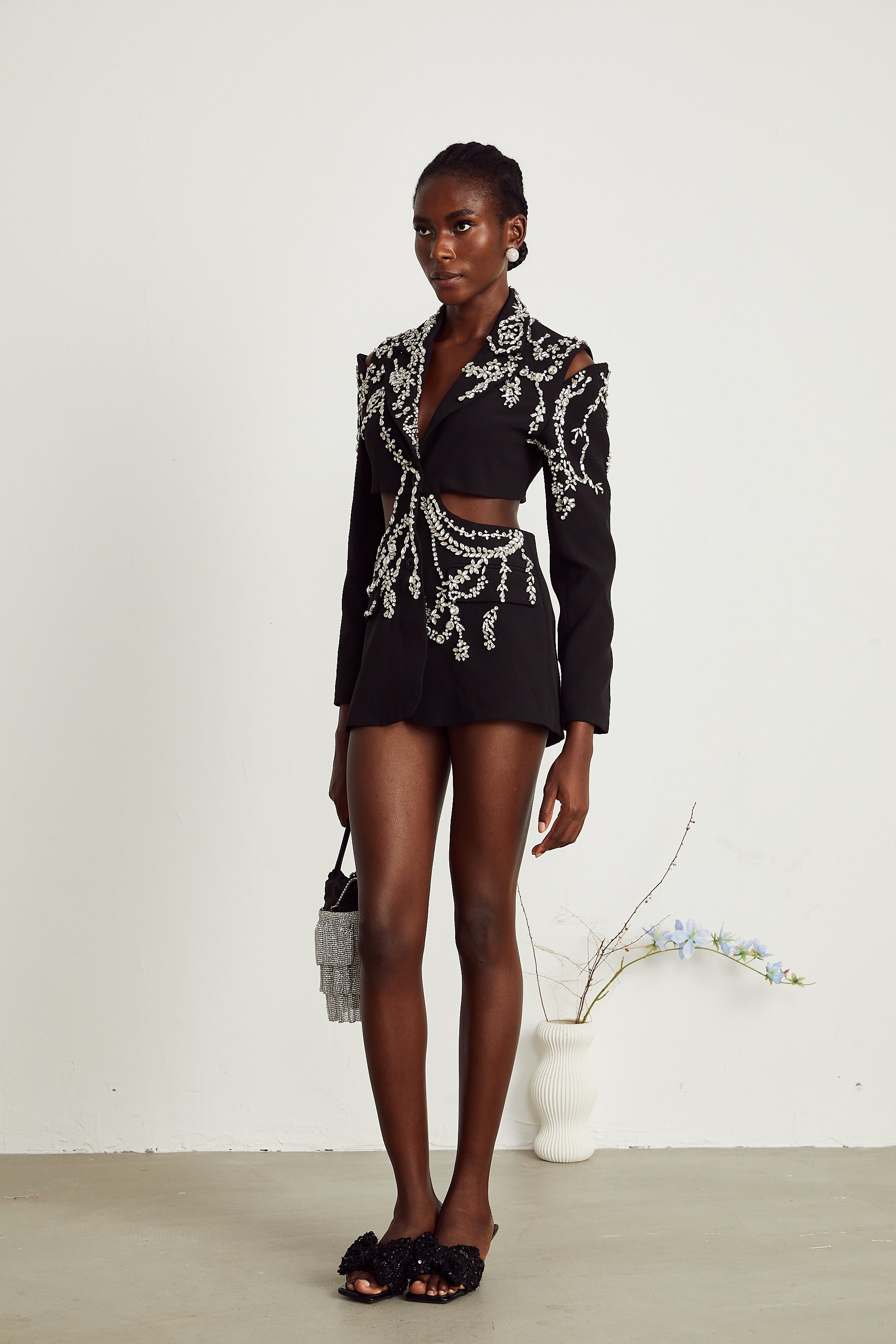 Audrey black crystal-embellished cut-out jacket