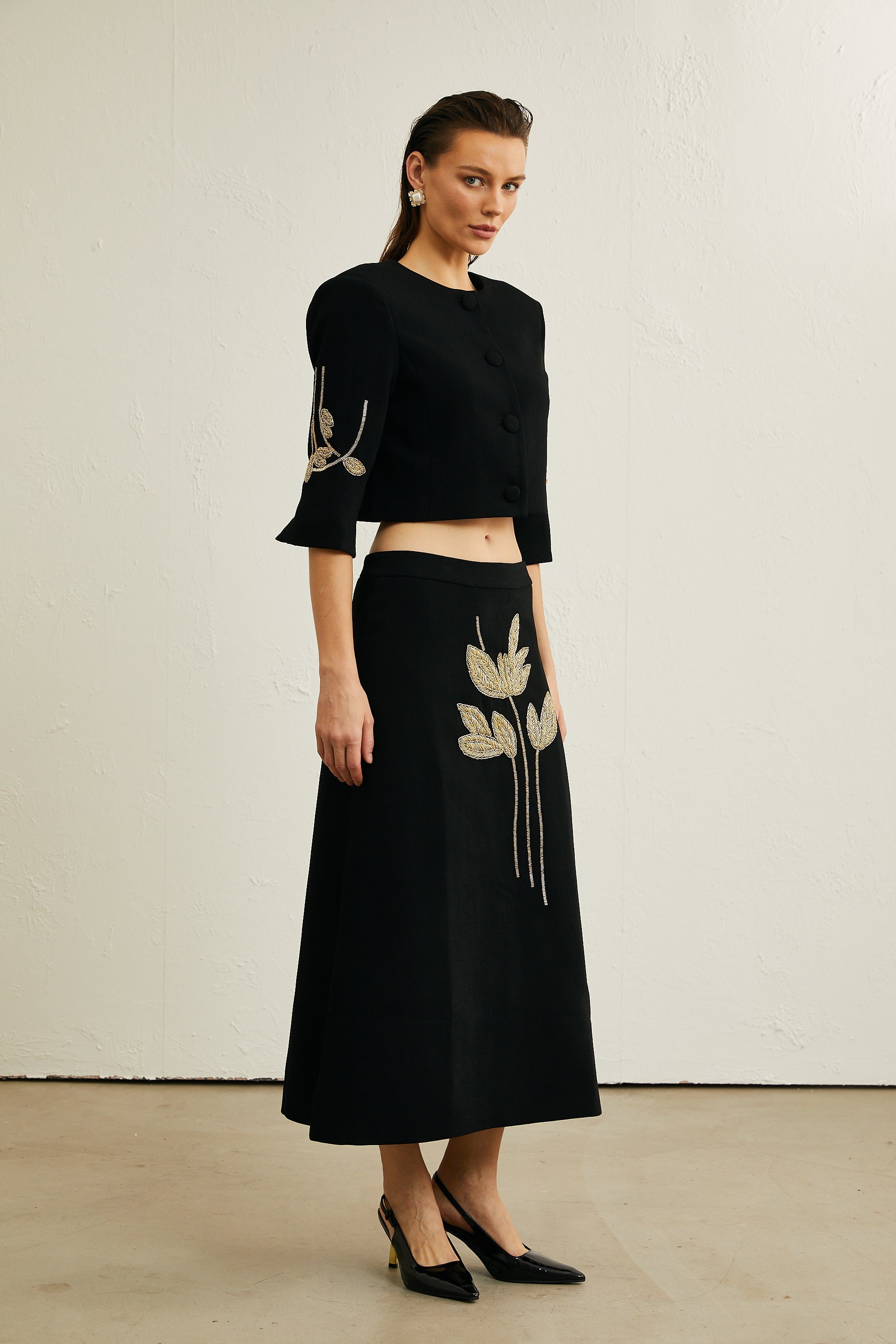 Pauline black floral-appliqué jacket & skirt matching set