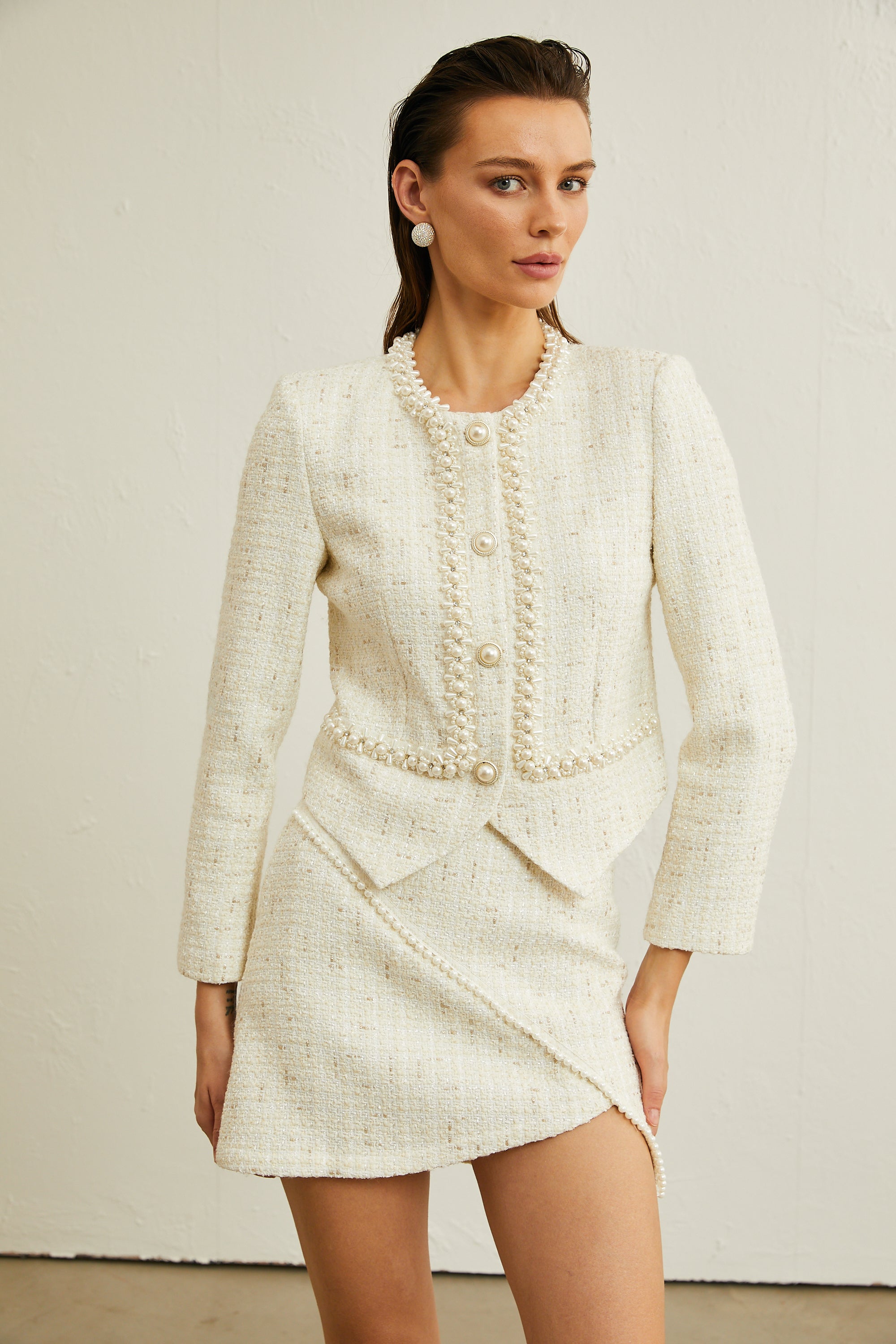 Manon faux-pearl asymmetrical jacket & skirt matching set