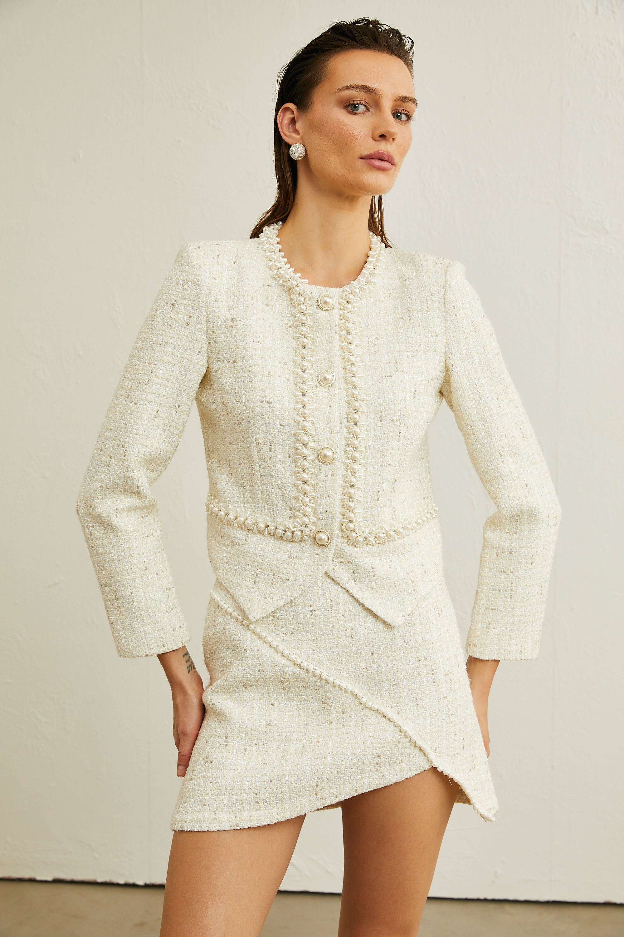 Manon faux-pearl asymmetrical jacket & skirt matching set